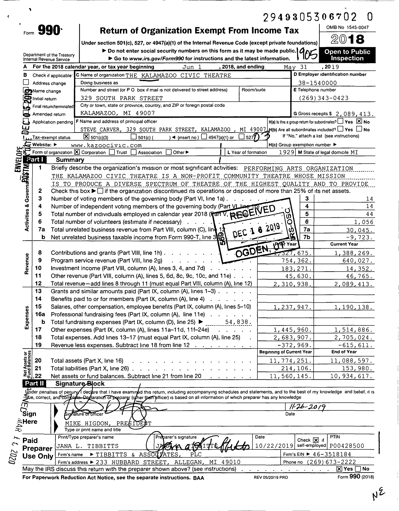 Image of first page of 2018 Form 990 for The Kalamazoo Civic Theatre
