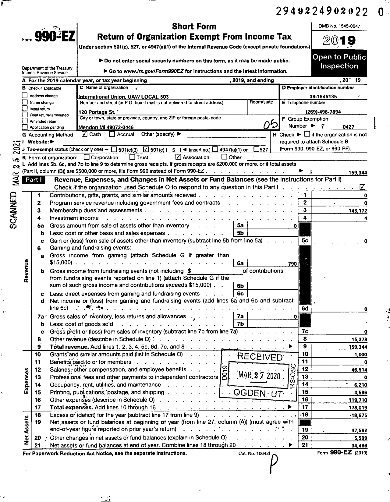 Image of first page of 2019 Form 990EO for UAW - International Union UAW LOCAL 503