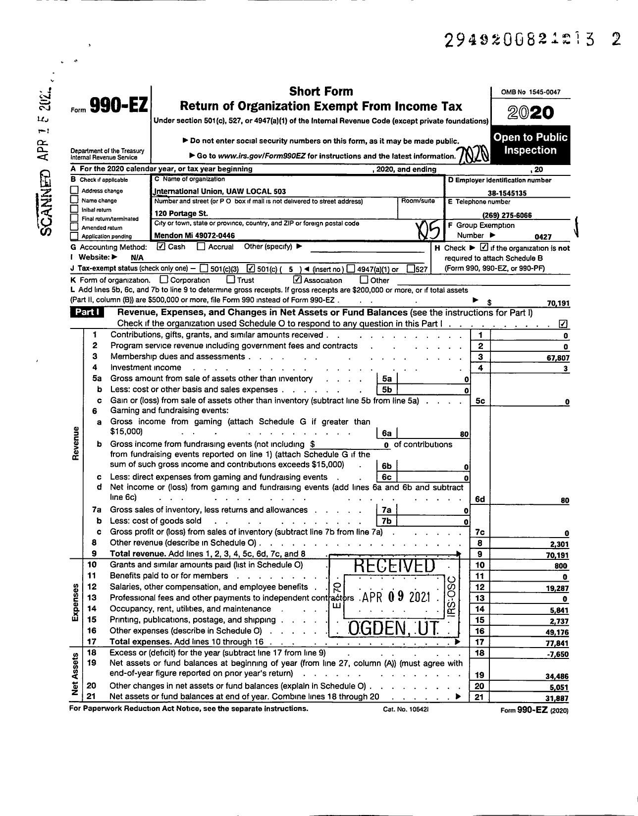 Image of first page of 2020 Form 990EO for UAW - International Union UAW LOCAL 503