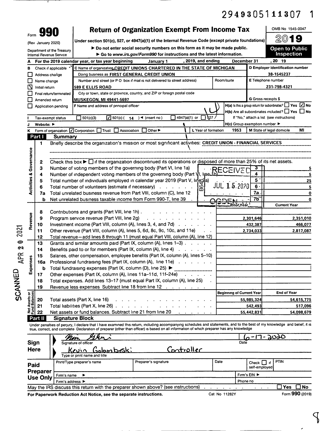 Image of first page of 2019 Form 990O for Credit Unions Chartered in the State of Michigan - 310 First General Credit Union (FGCU)