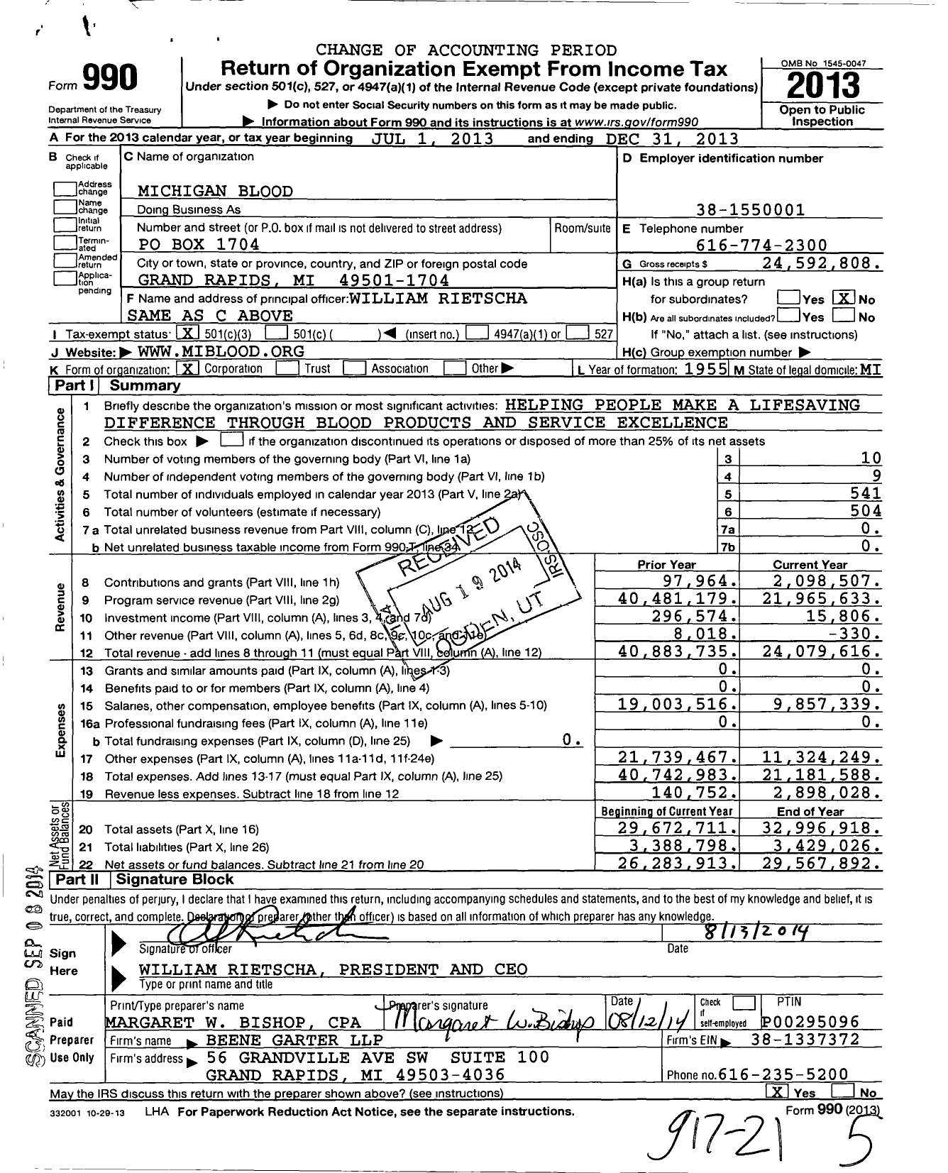 Image of first page of 2013 Form 990 for Versiti Michigan