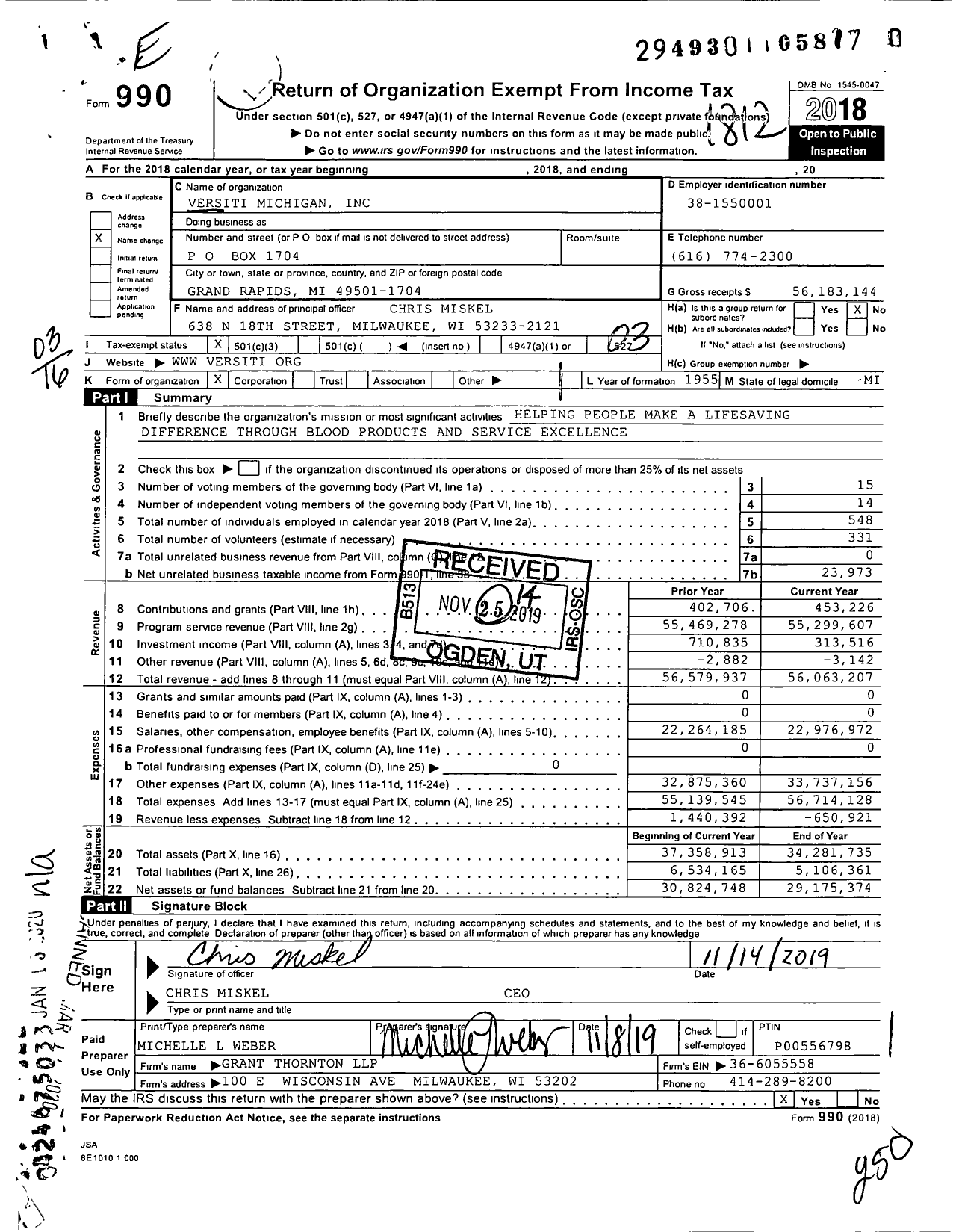 Image of first page of 2018 Form 990 for Versiti Michigan