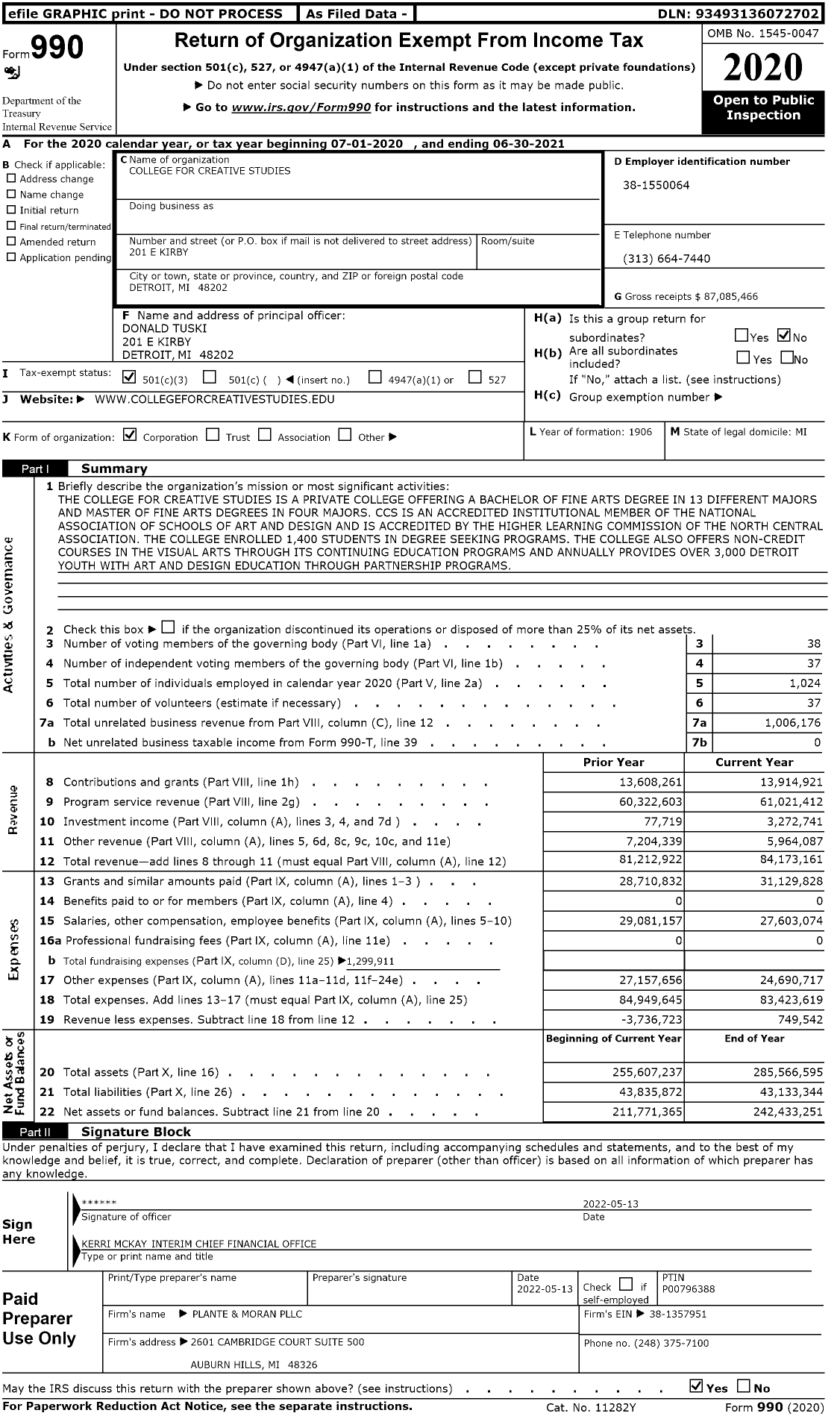 Image of first page of 2020 Form 990 for College for Creative Studies (CSS)