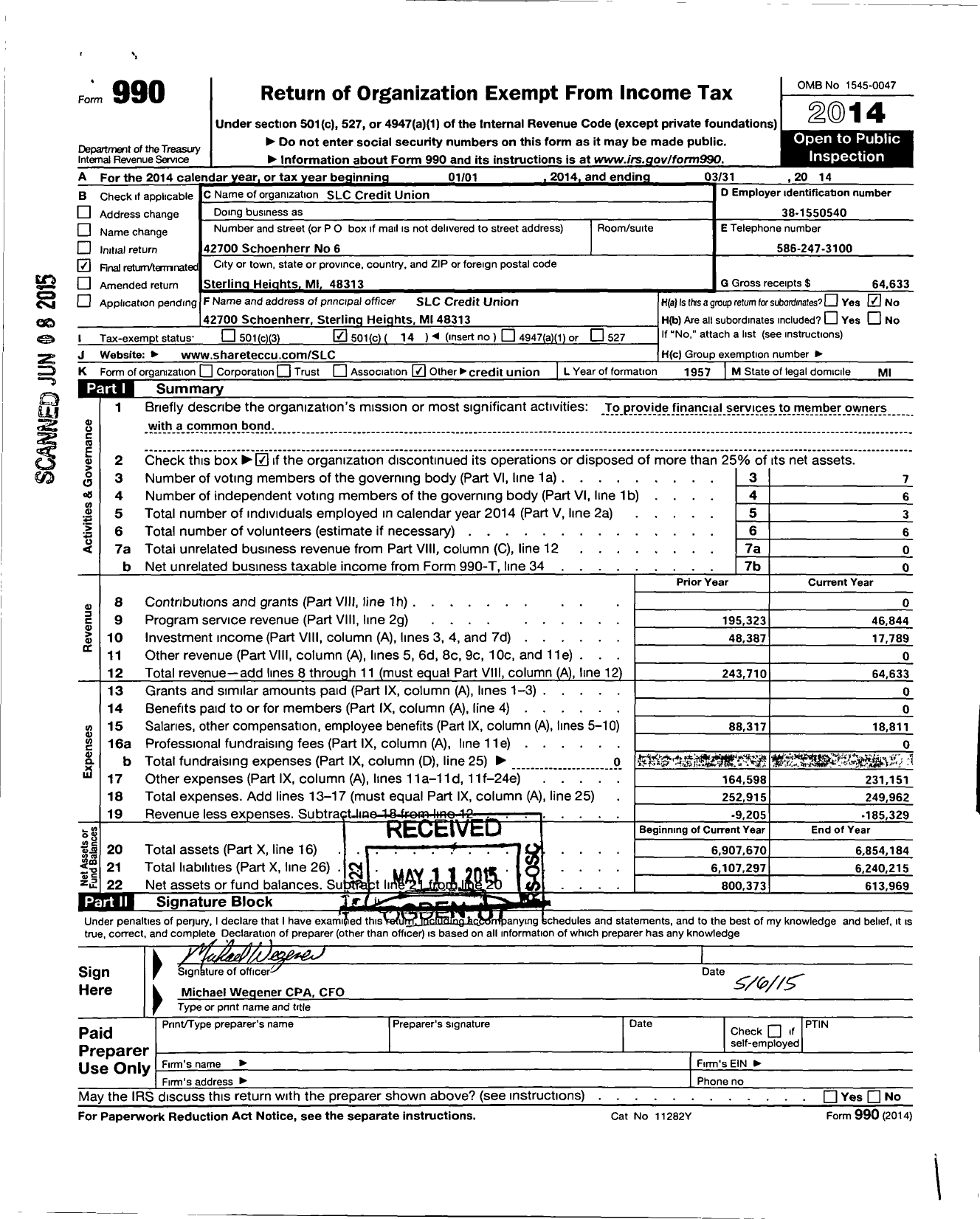 Image of first page of 2013 Form 990O for Credit Unions Chartered in the State of Michigan - 512 SLC Credit Union