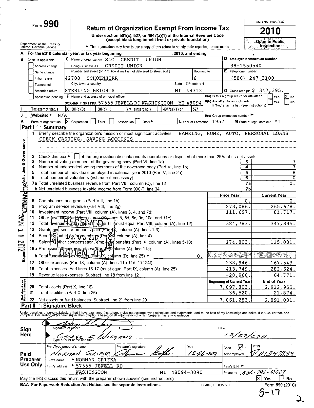 Image of first page of 2010 Form 990 for Credit Unions Chartered in the State of Michigan - 512 SLC Credit Union