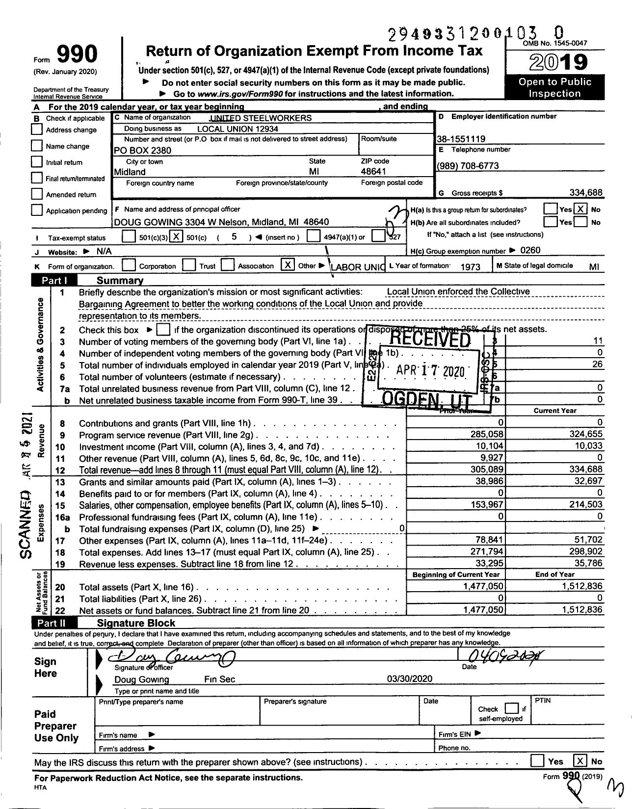 Image of first page of 2019 Form 990 for United Steelworkers - Local Union 12934