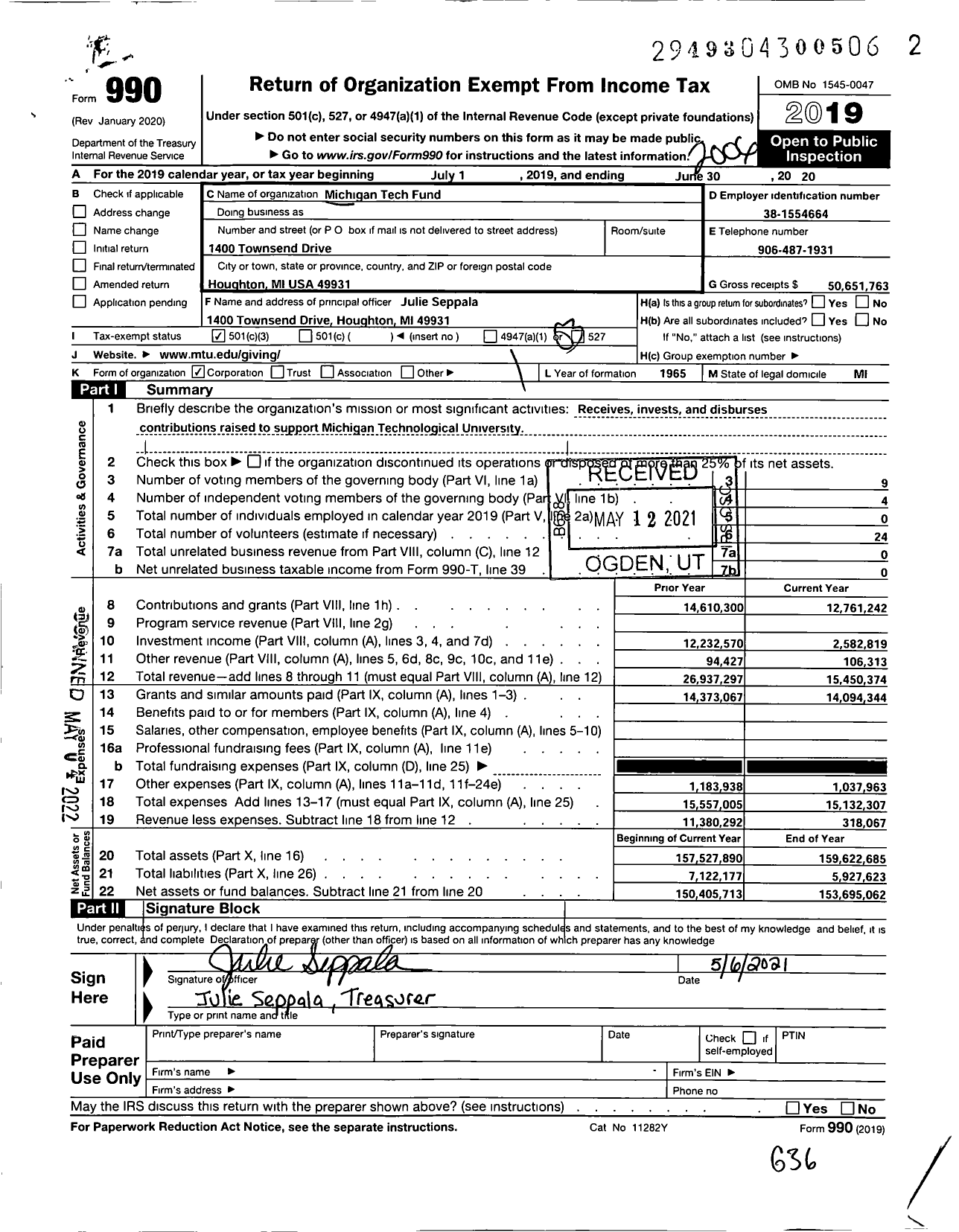 Image of first page of 2019 Form 990 for Michigan Tech Fund