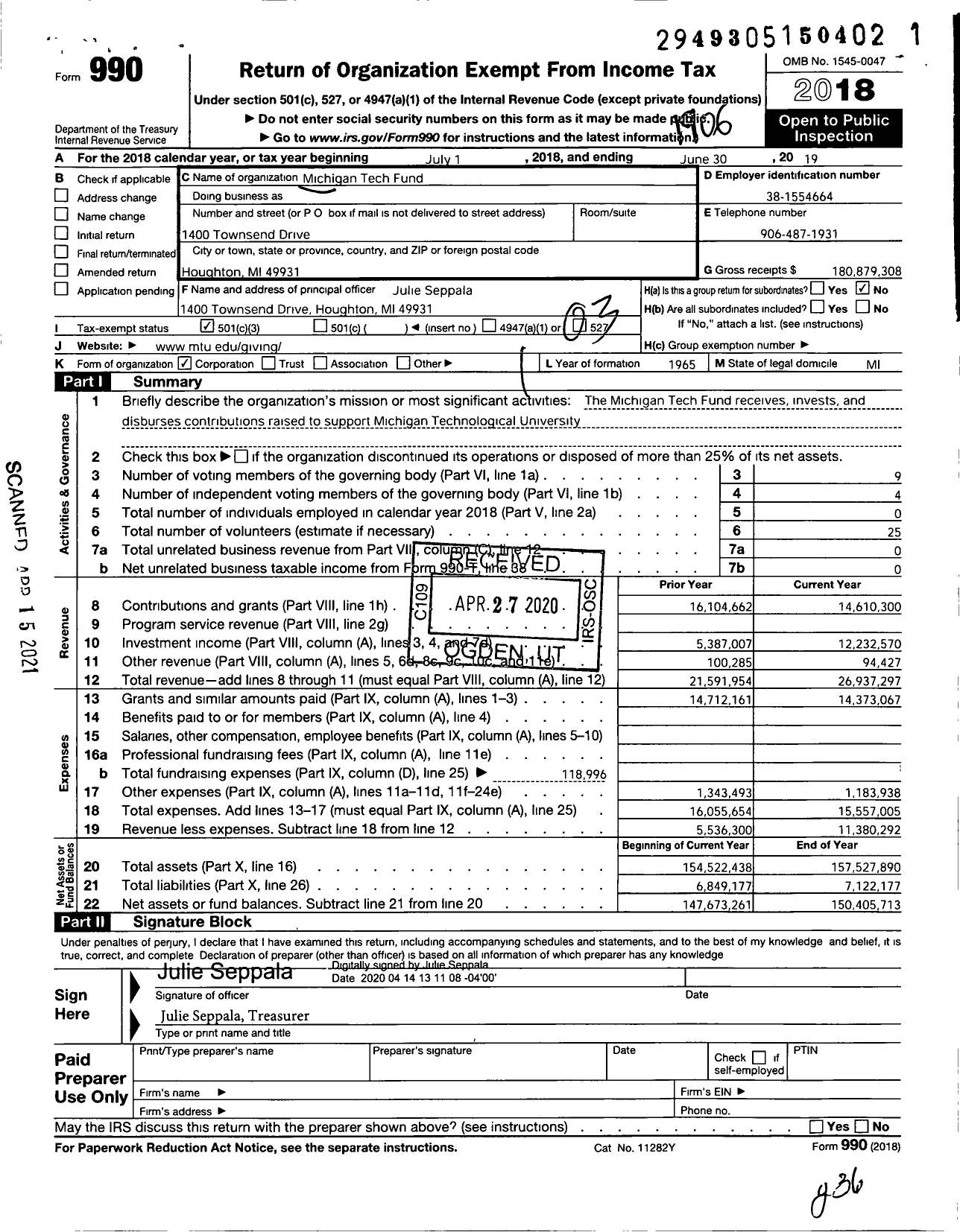 Image of first page of 2018 Form 990 for Michigan Tech Fund