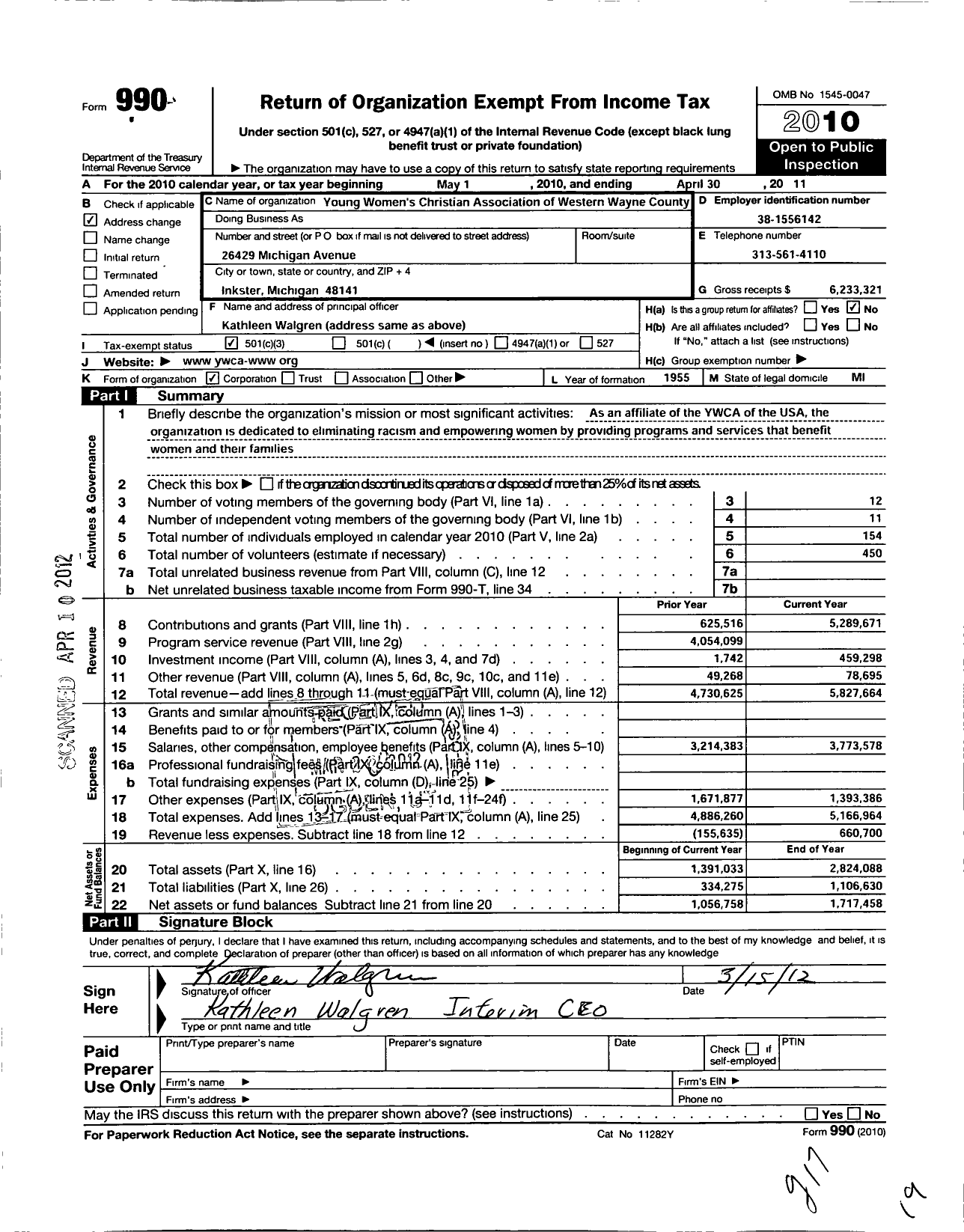 Image of first page of 2010 Form 990 for Young Womens Christian Association of Western Wayne County