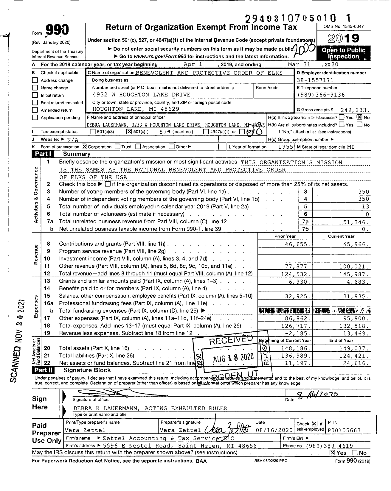 Image of first page of 2019 Form 990O for Benevolent and Protective Order of Elks - 1982 Houghton Higgins Lake