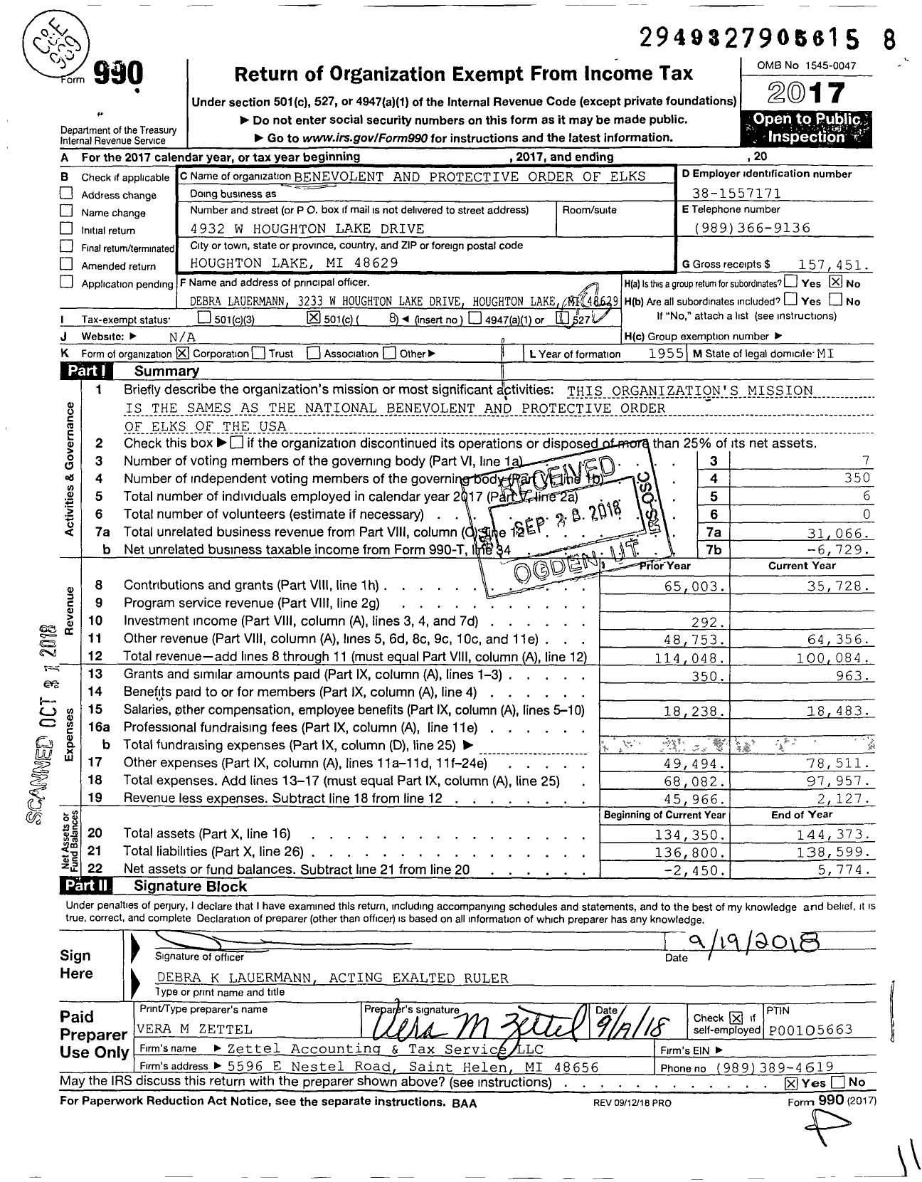 Image of first page of 2017 Form 990O for Benevolent and Protective Order of Elks - 1982 Houghton Higgins Lake