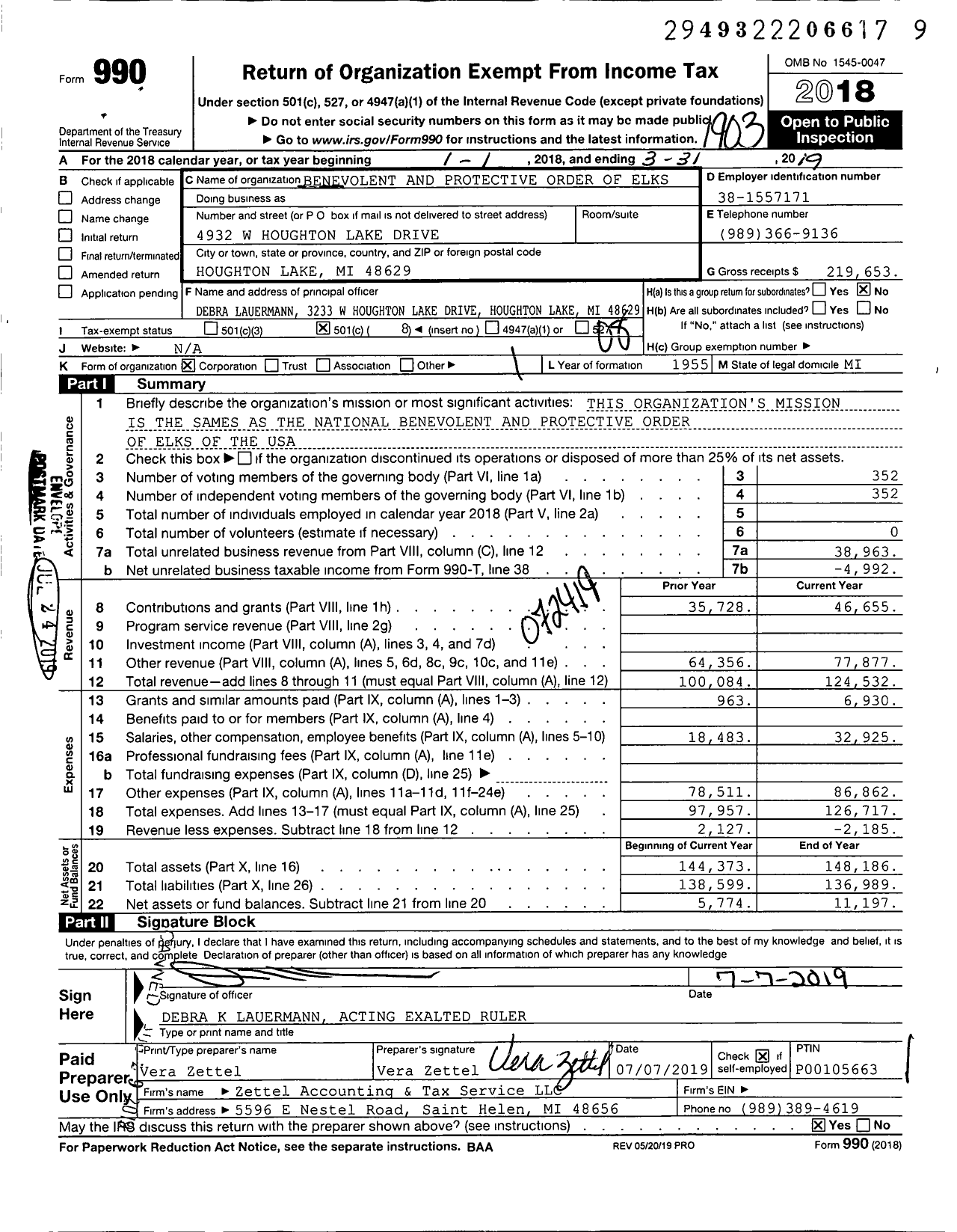 Image of first page of 2018 Form 990O for Benevolent and Protective Order of Elks - 1982 Houghton Higgins Lake