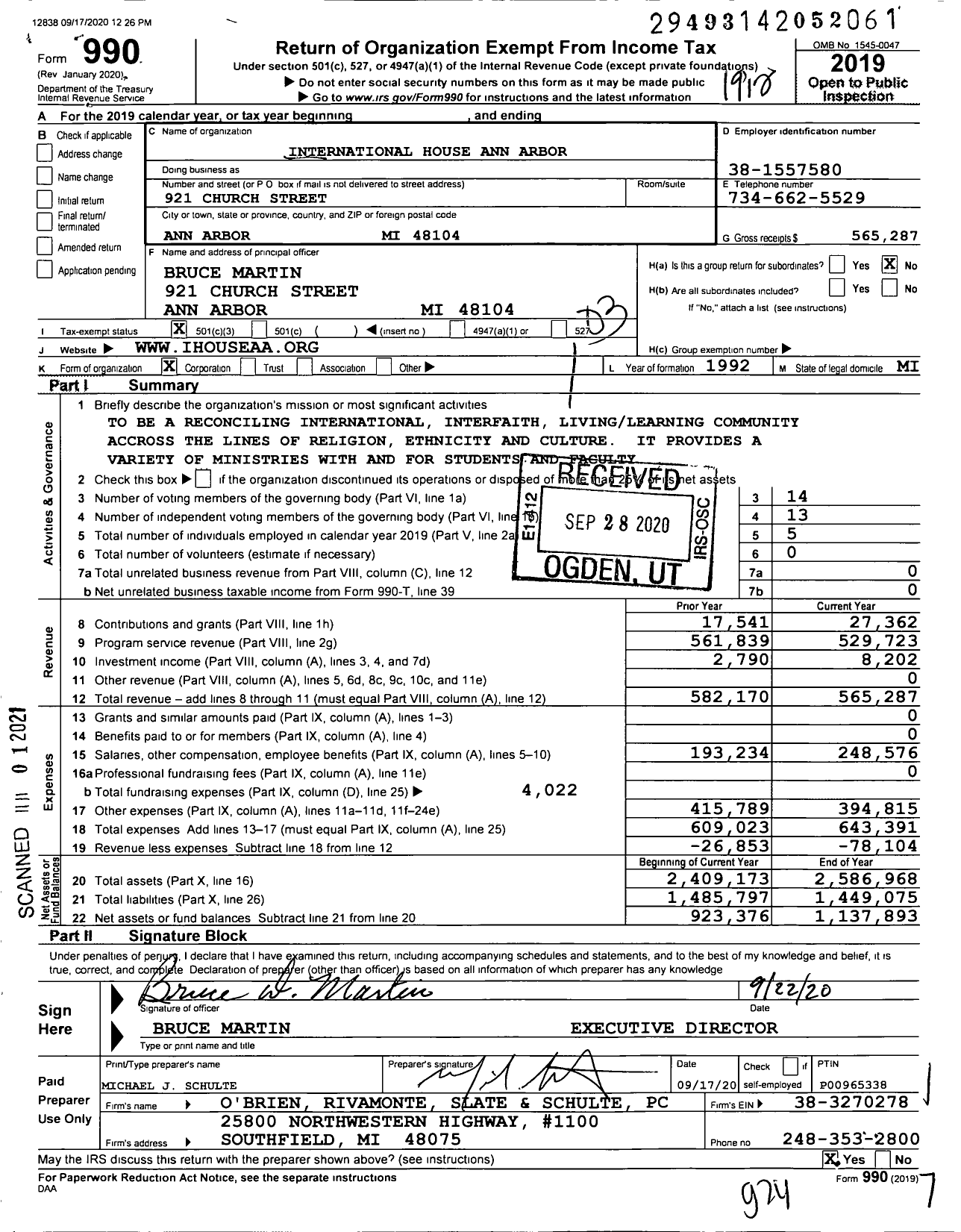 Image of first page of 2019 Form 990 for International House Ann Arbor