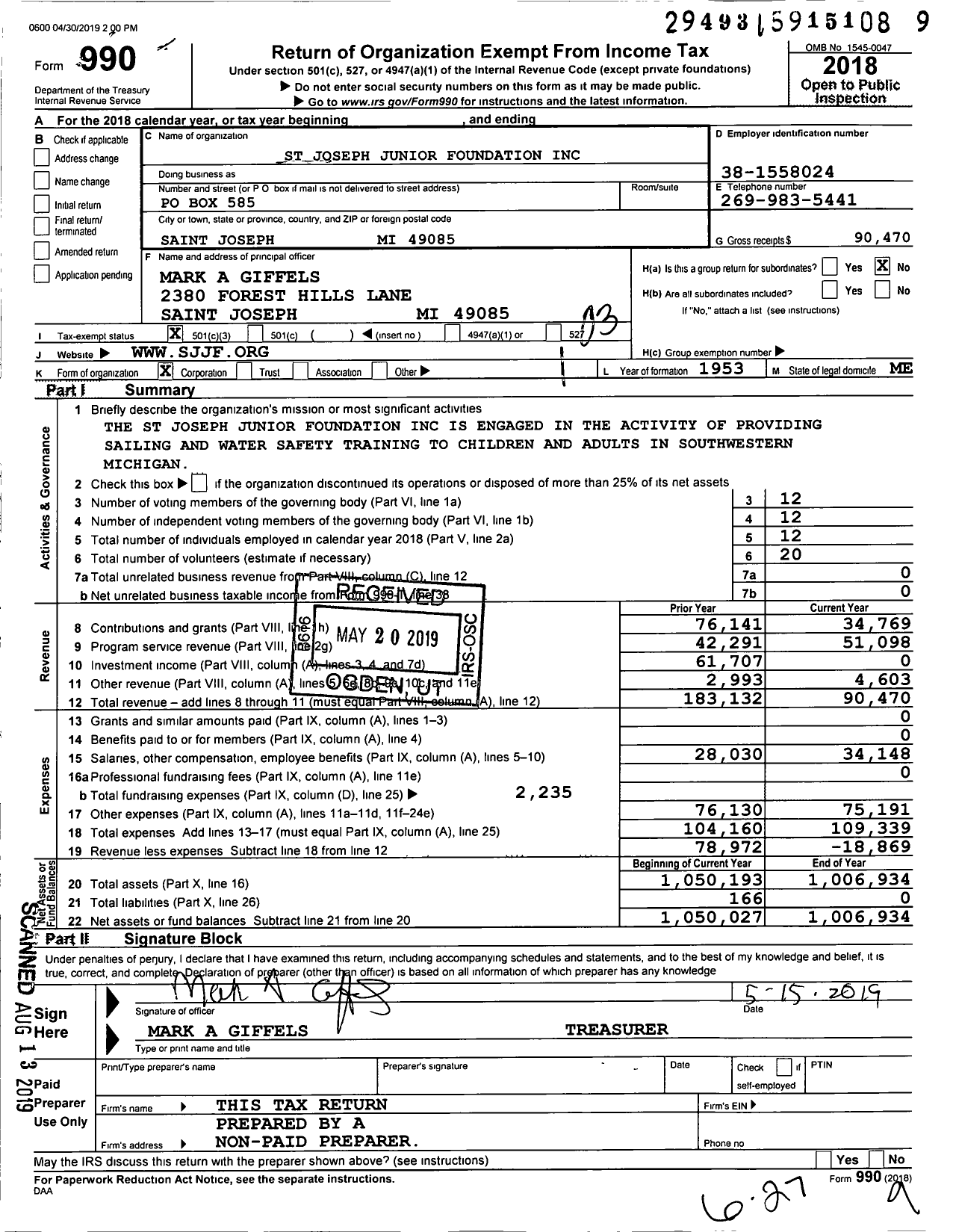 Image of first page of 2018 Form 990 for St Joseph Junior Foundation