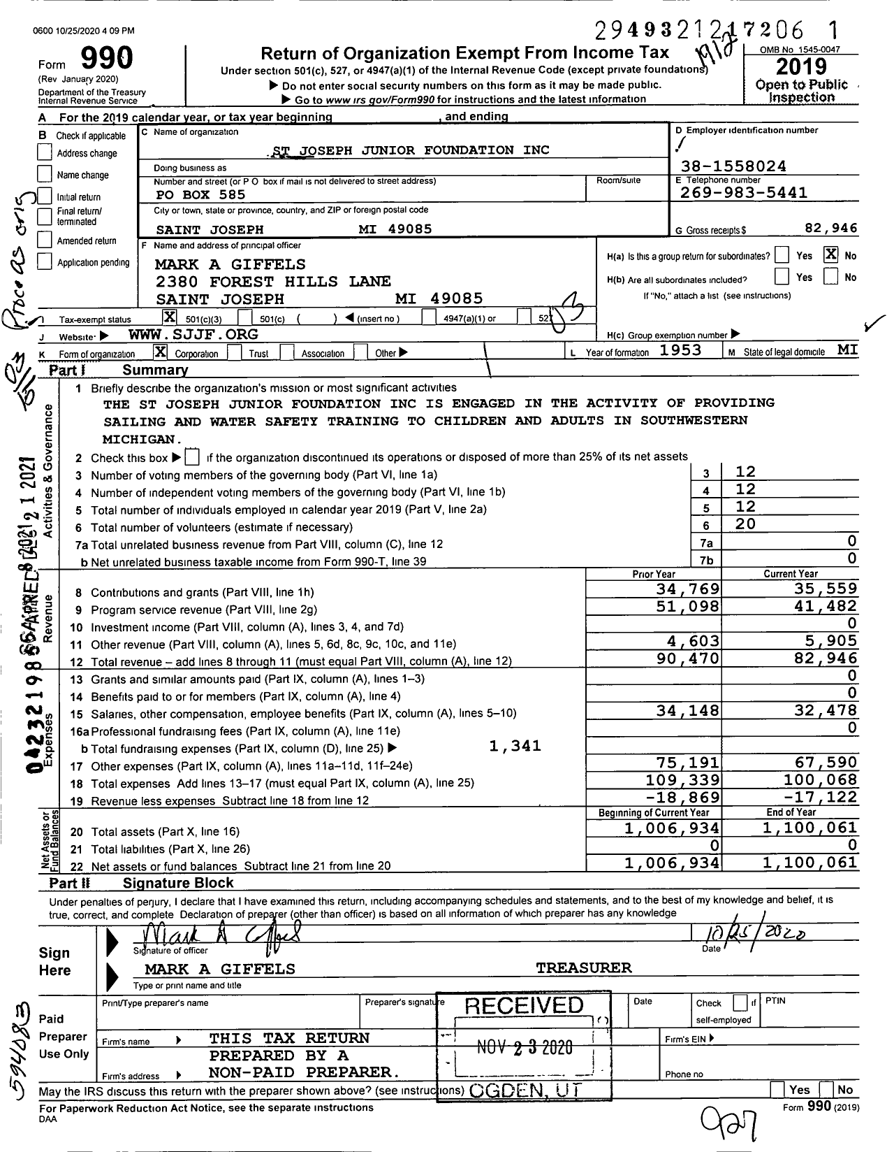 Image of first page of 2019 Form 990 for St Joseph Junior Foundation