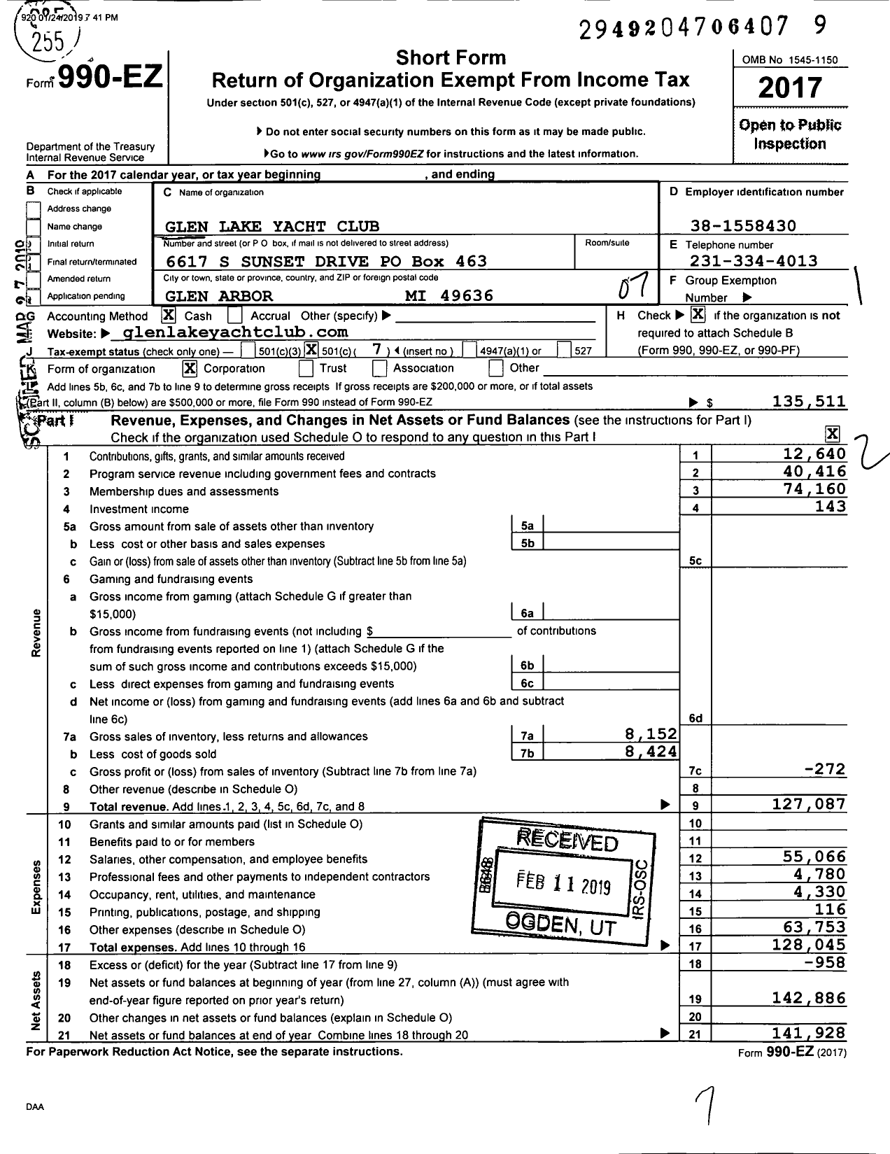 Image of first page of 2017 Form 990EO for Glen Lake Yacht Club