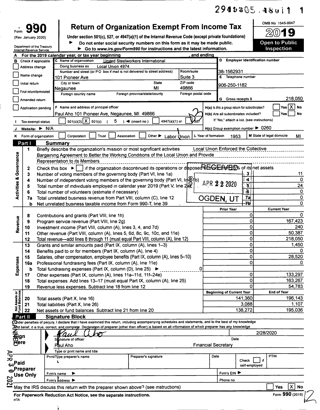 Image of first page of 2019 Form 990 for United Steelworkers - 04974 Local