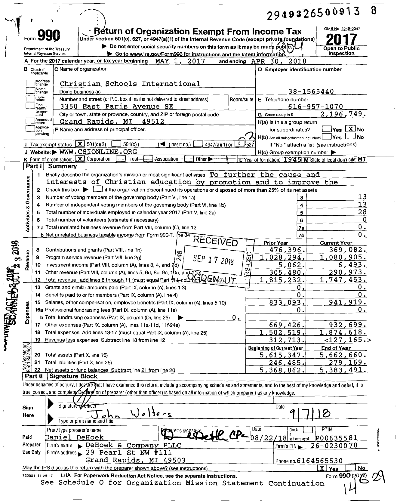 Image of first page of 2017 Form 990 for Christian Schools International