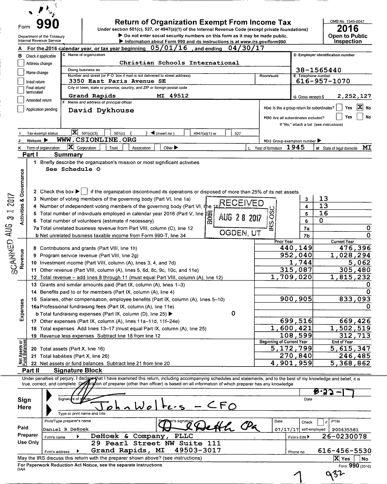 Image of first page of 2016 Form 990 for Christian Schools International