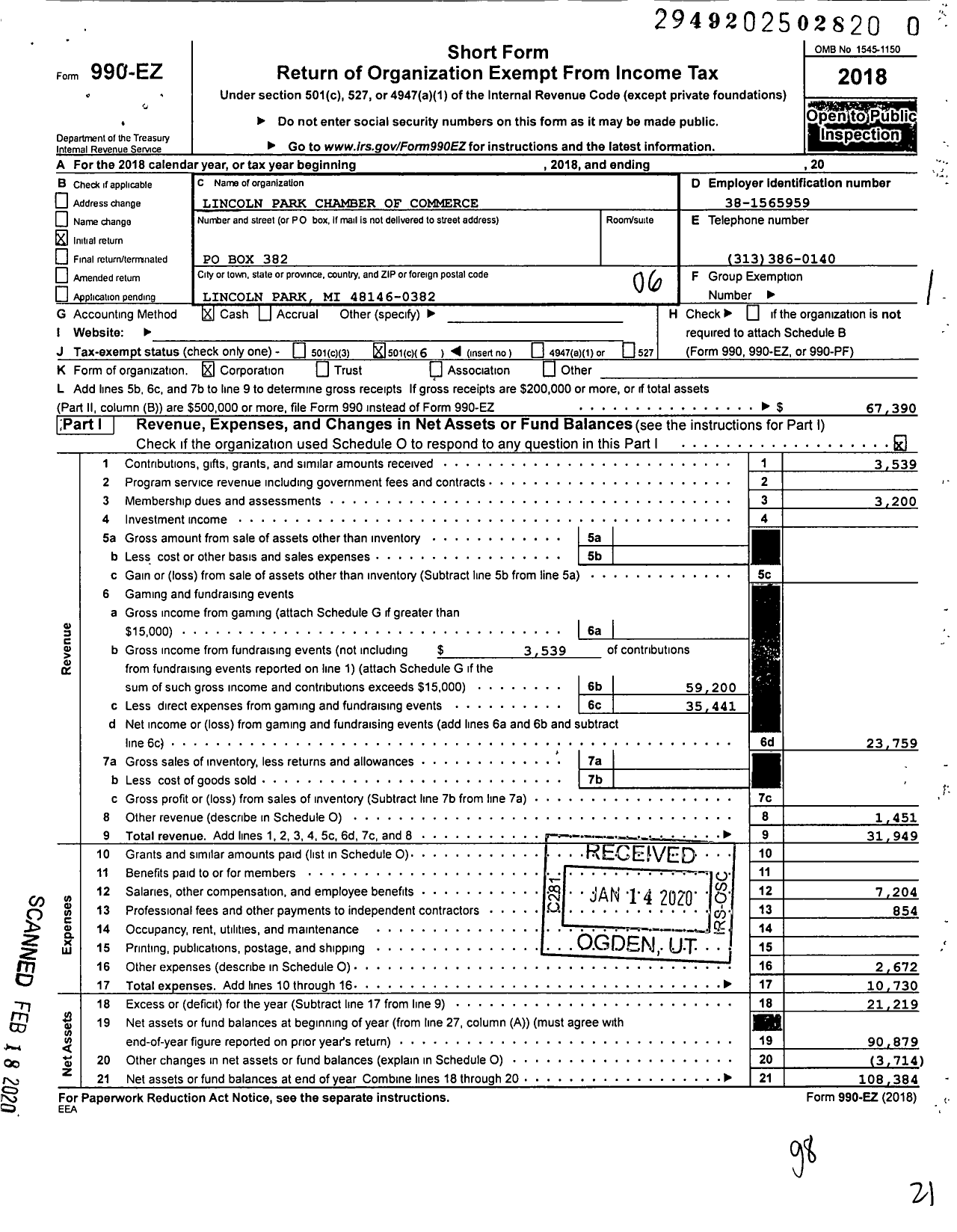 Image of first page of 2018 Form 990EO for Lincoln Park Chamber of Commerce