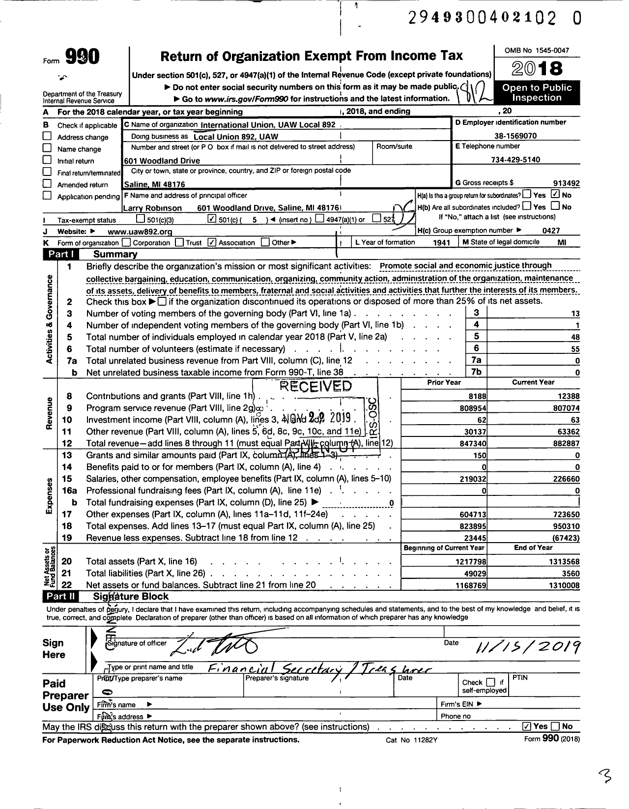 Image of first page of 2018 Form 990O for UAW - Local UNION UAW 892