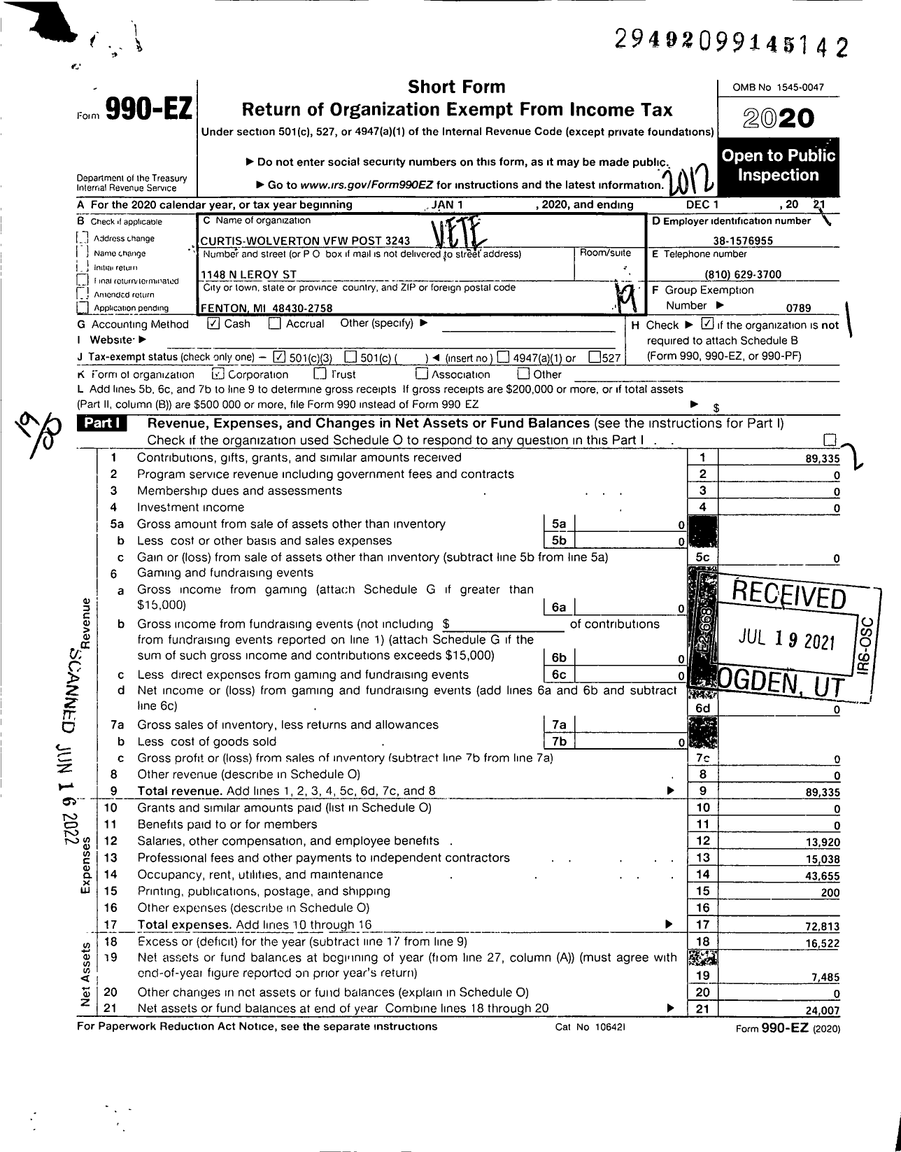 Image of first page of 2020 Form 990EO for VFW Department of Michigan - Dist 10 3243 Curtis-Wolverton