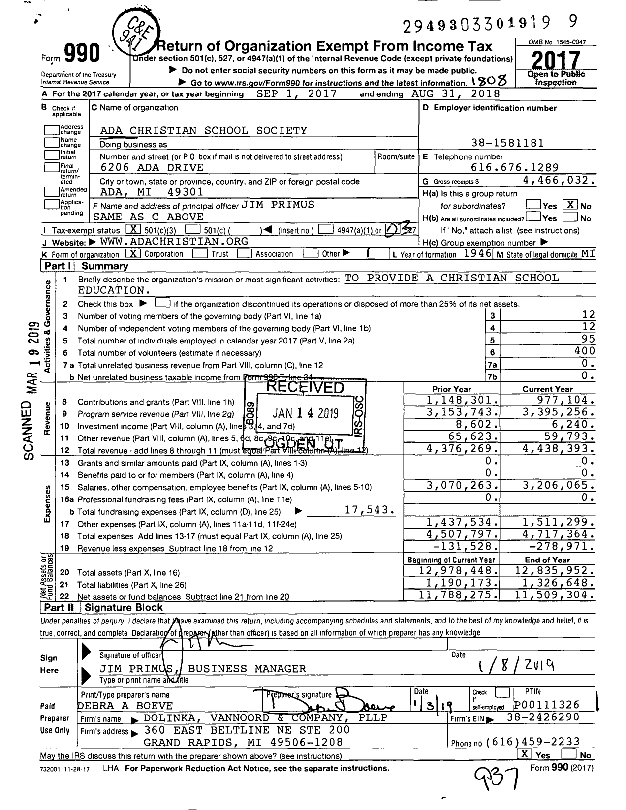 Image of first page of 2017 Form 990 for Ada Christian School Society