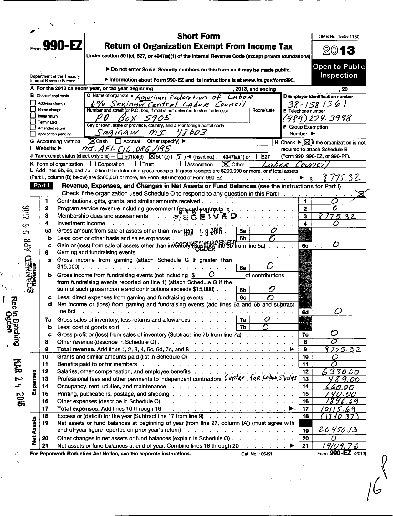 Image of first page of 2013 Form 990EO for AFL-CIO - Mid-Michigan Area Labor Council