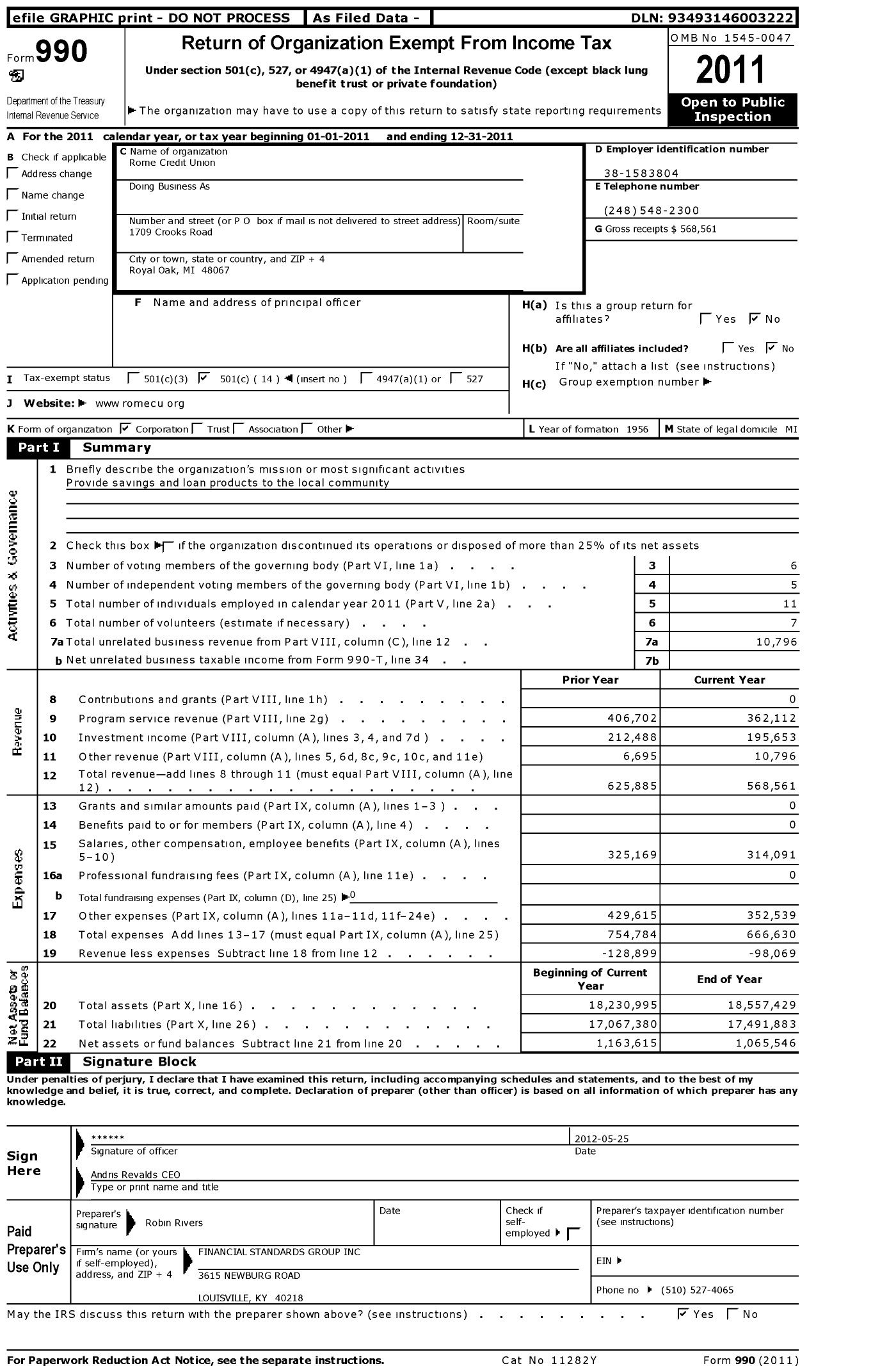 Image of first page of 2011 Form 990O for Credit Unions Chartered in the State of Michigan - 519 Rome Credit Union
