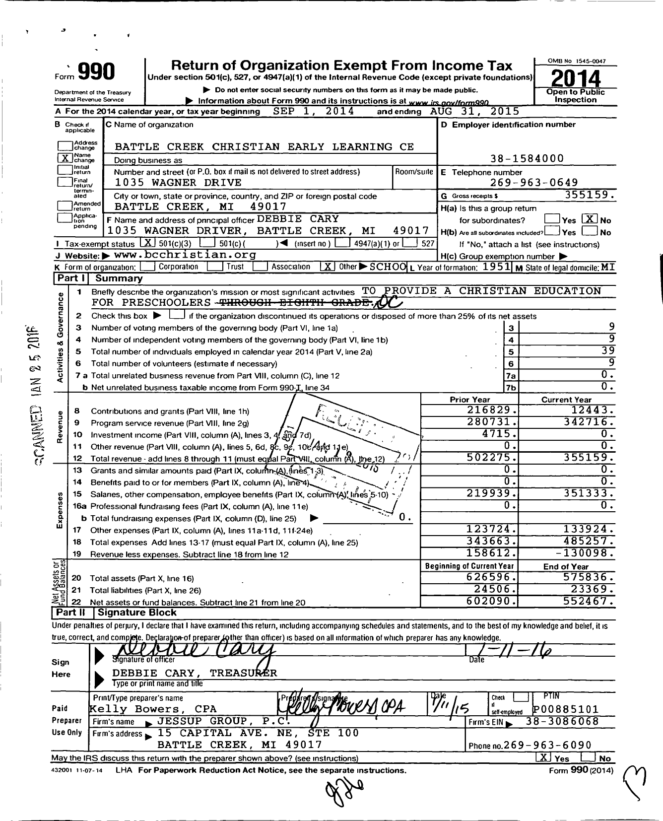 Image of first page of 2014 Form 990 for Battle Creek Christian Early Learning Ce