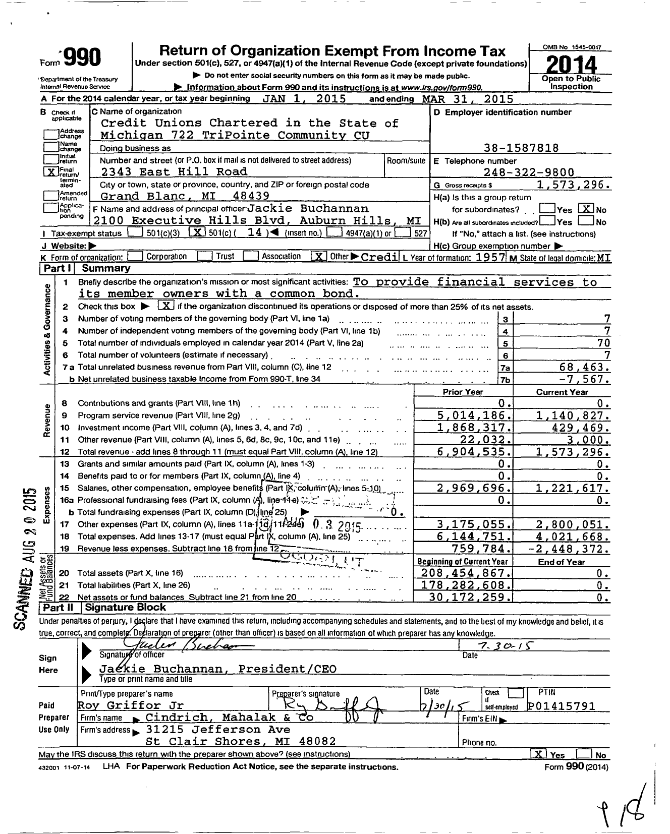 Image of first page of 2014 Form 990O for Credit Unions Chartered in the State of Michigan 722 TriPointe Community CU