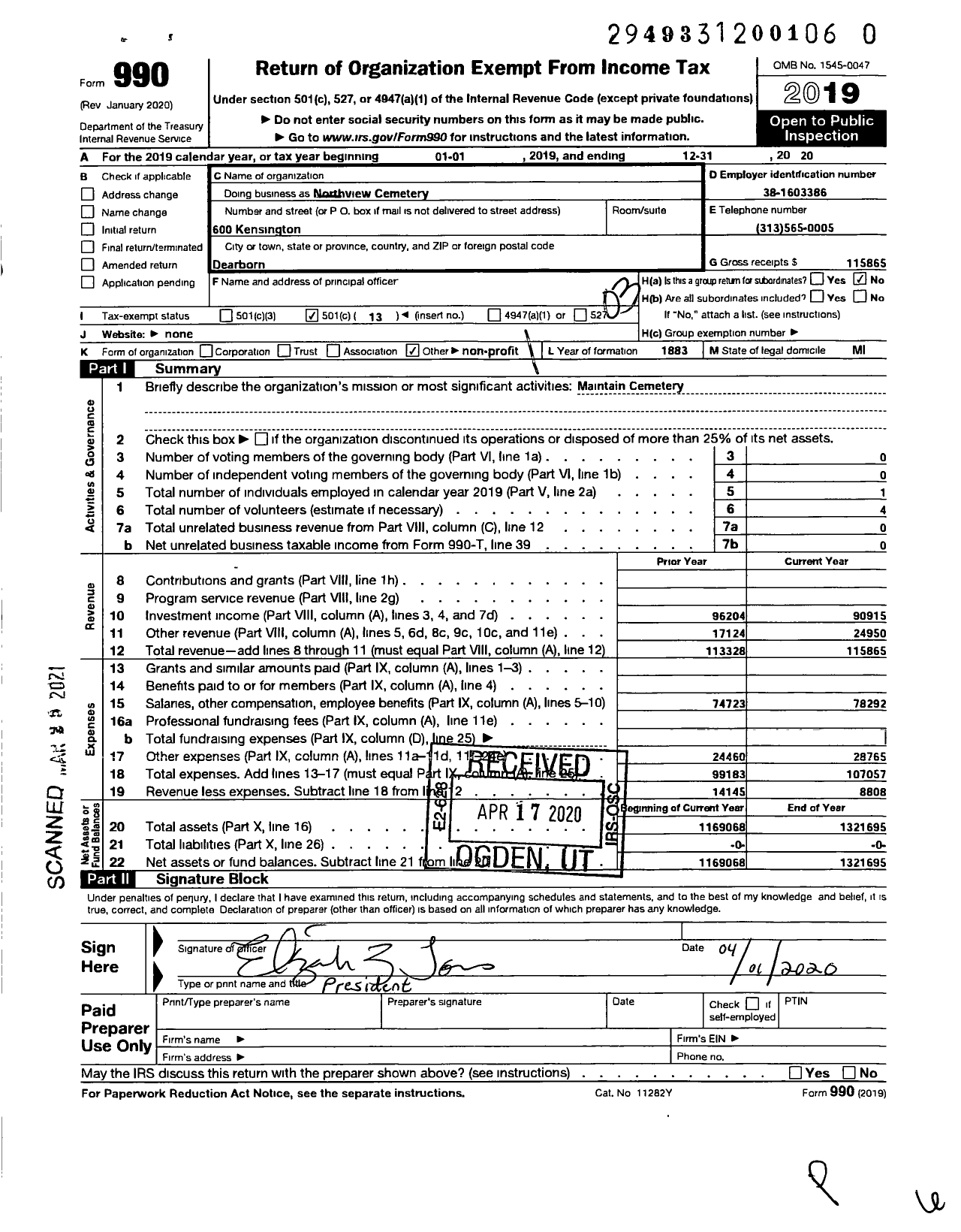 Image of first page of 2019 Form 990 for Northview Cemetery Company