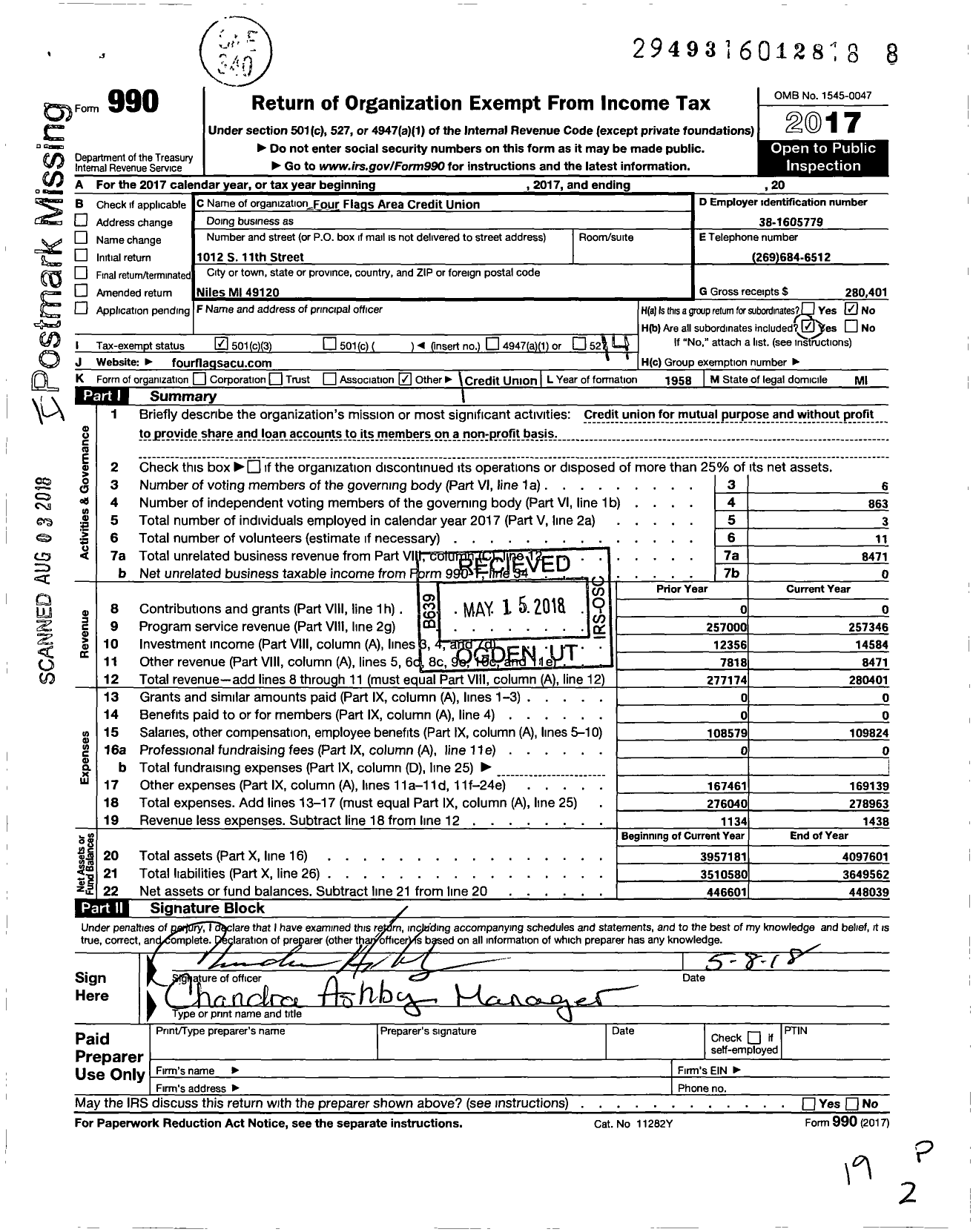 Image of first page of 2017 Form 990O for Credit Unions Chartered in the State of Michigan - 703 Four Flags Area Credit Union