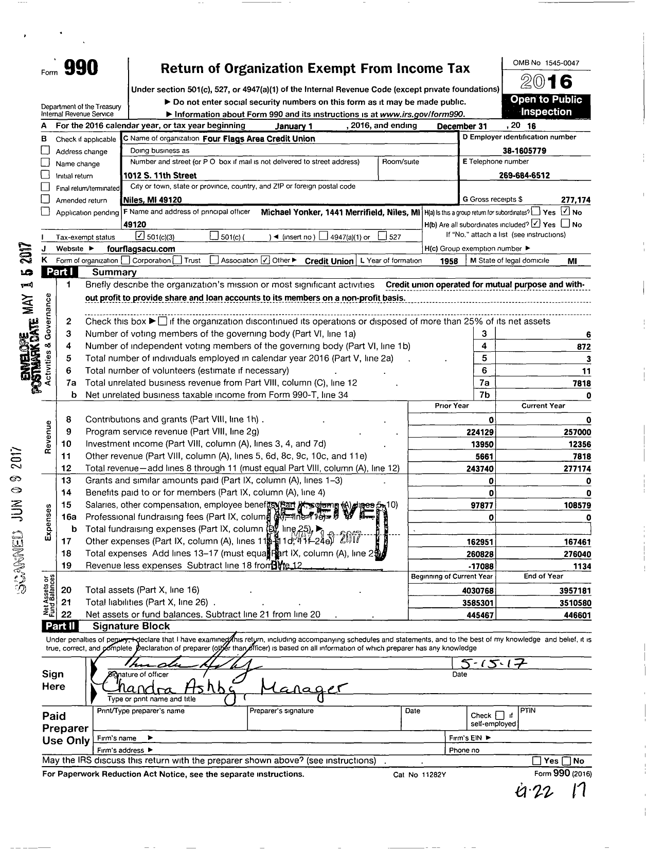 Image of first page of 2016 Form 990 for Credit Unions Chartered in the State of Michigan - 703 Four Flags Area Credit Union