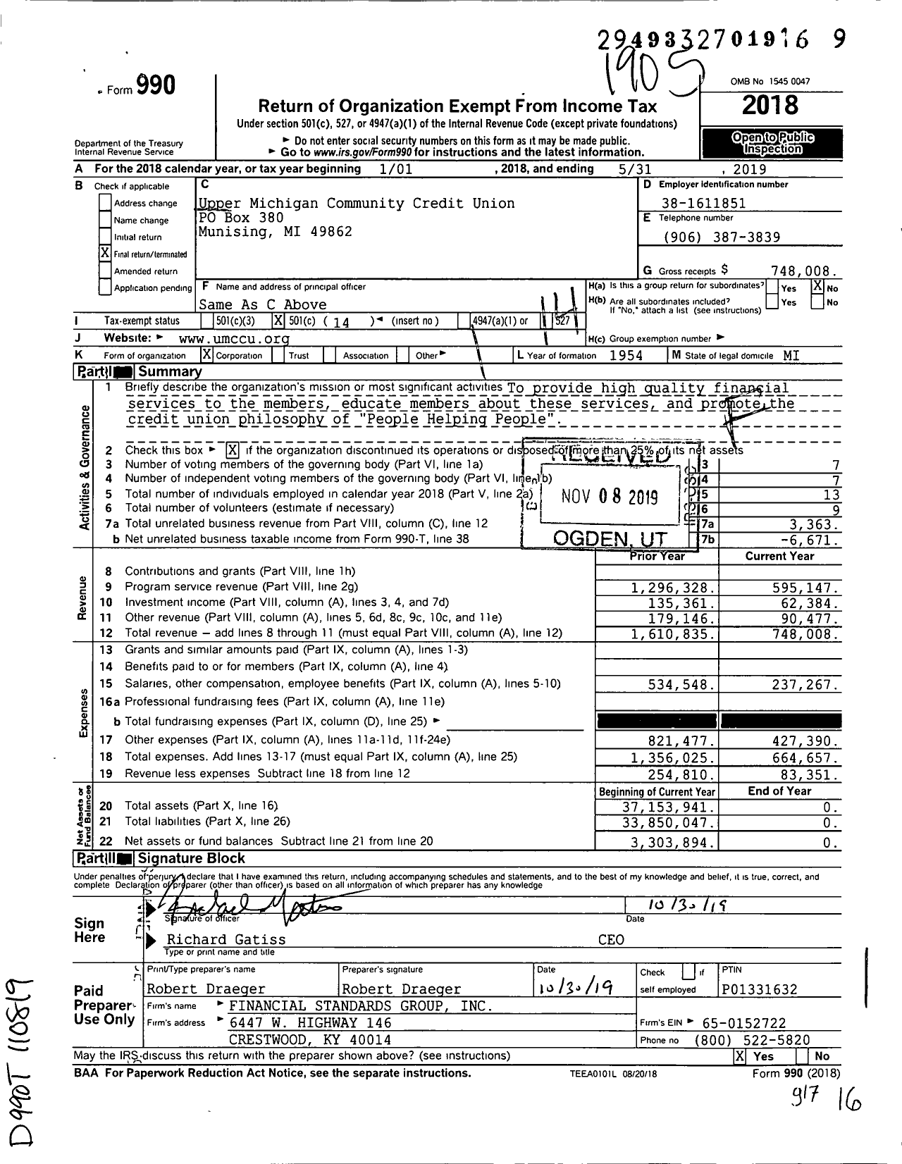 Image of first page of 2018 Form 990O for Upper Michigan Community Credit Union - 366 Upper Michigan Community Credit