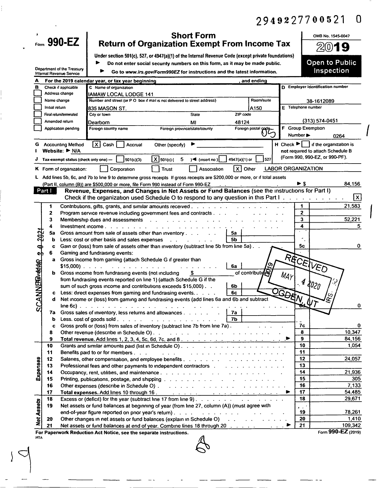 Image of first page of 2019 Form 990EO for International Association of Machinists and Aerospace Workers - 141