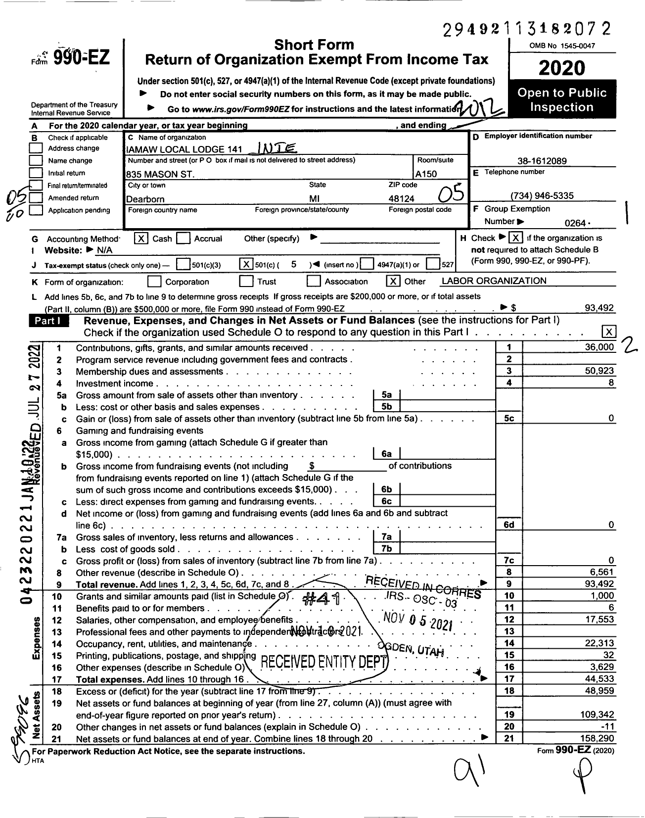 Image of first page of 2020 Form 990EO for International Association of Machinists and Aerospace Workers - 141