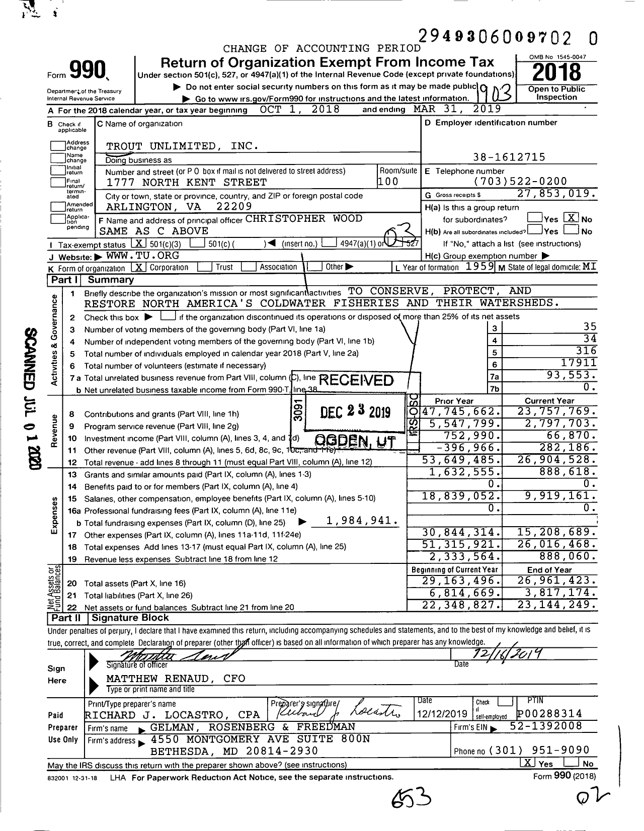 Image of first page of 2018 Form 990 for Trout Unlimited