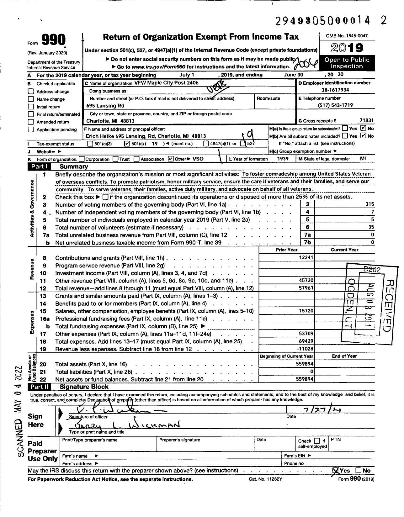 Image of first page of 2019 Form 990O for VFW Department of Michigan - Dist 8 2406 Maple City