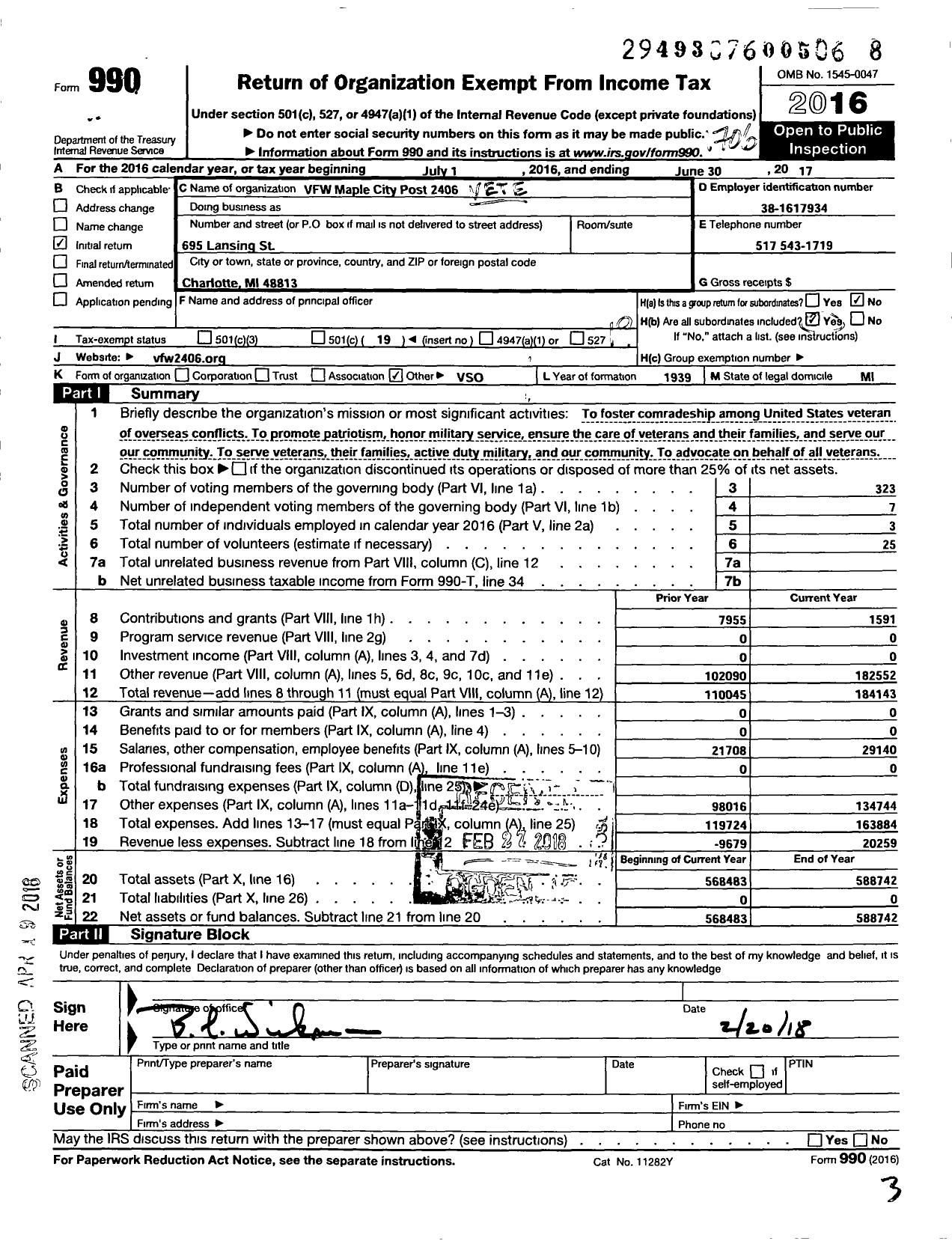 Image of first page of 2016 Form 990O for VFW Department of Michigan - Dist 8 2406 Maple City