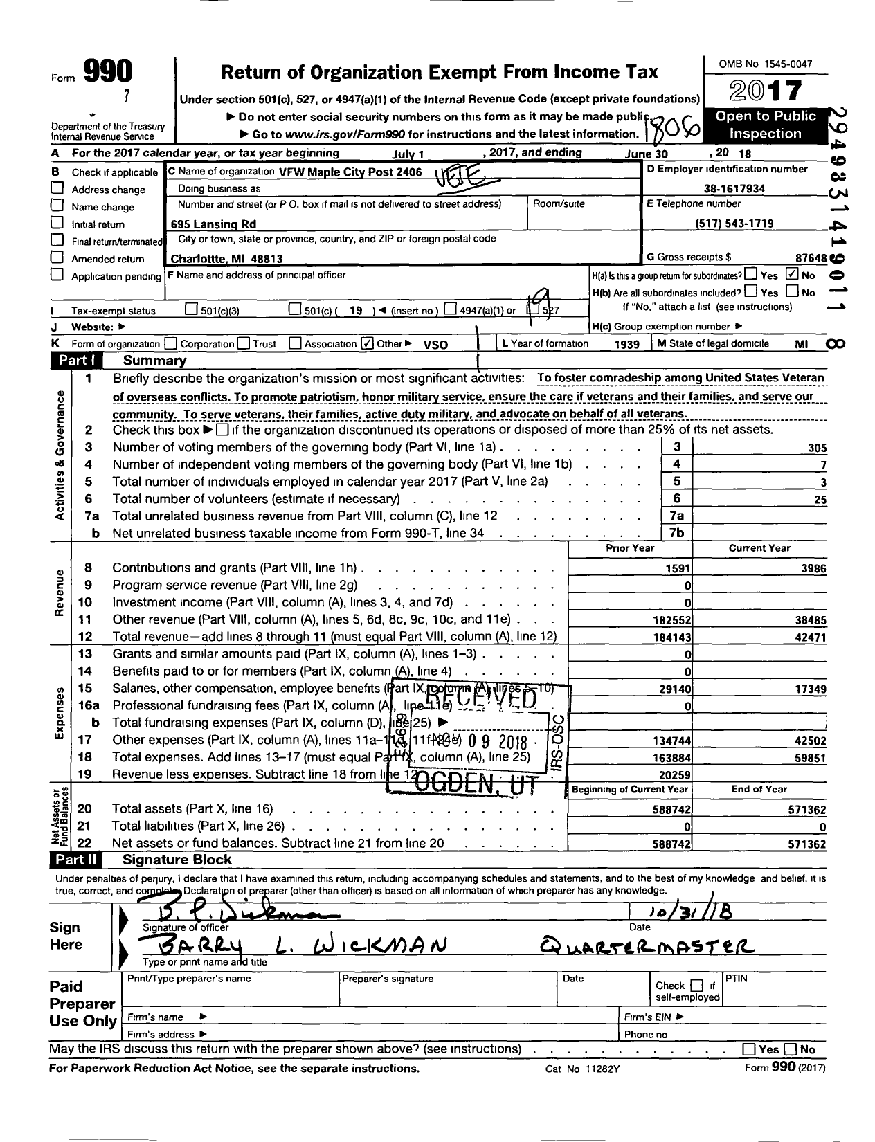 Image of first page of 2017 Form 990O for VFW Department of Michigan - Dist 8 2406 Maple City