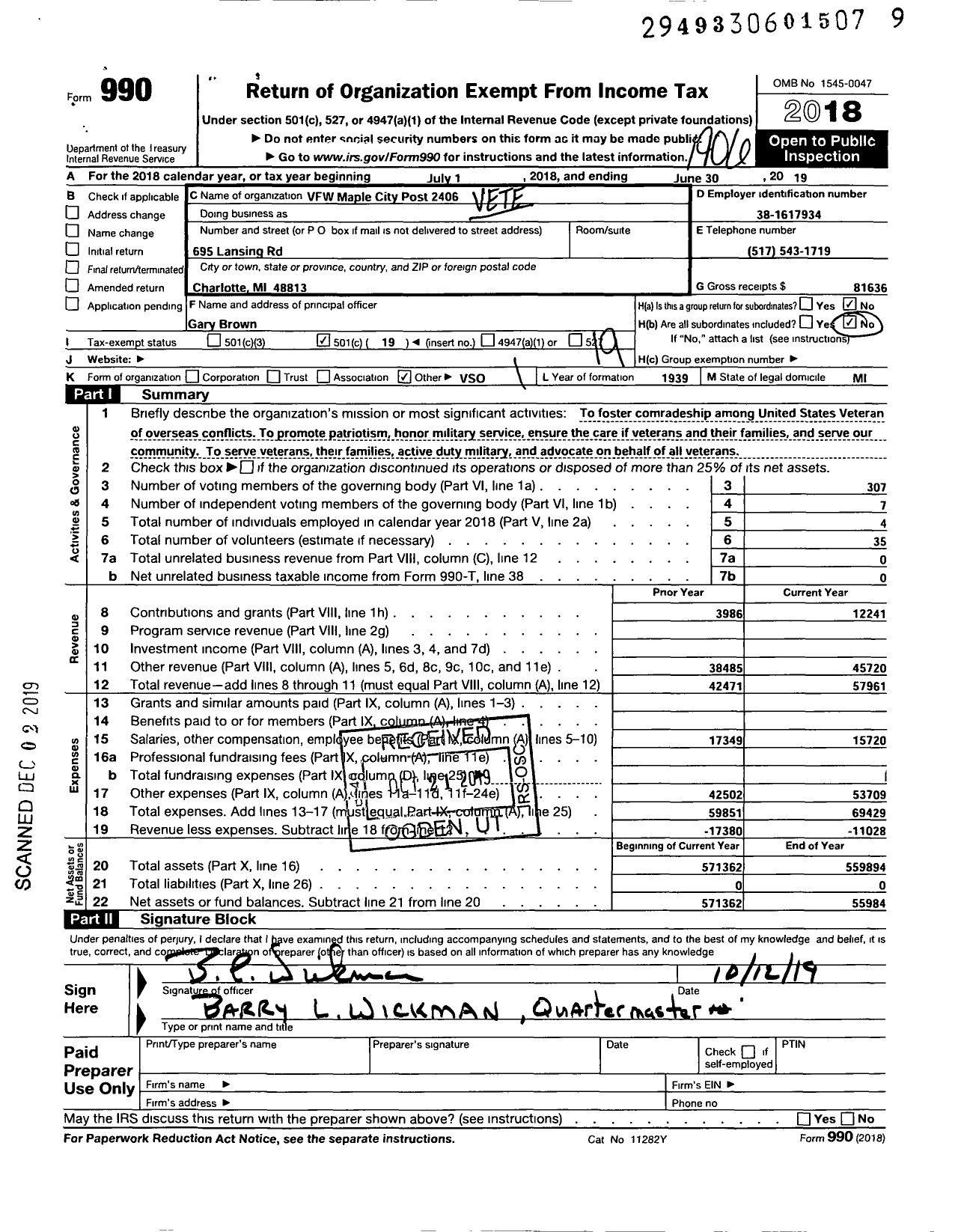 Image of first page of 2018 Form 990O for VFW Department of Michigan - Dist 8 2406 Maple City