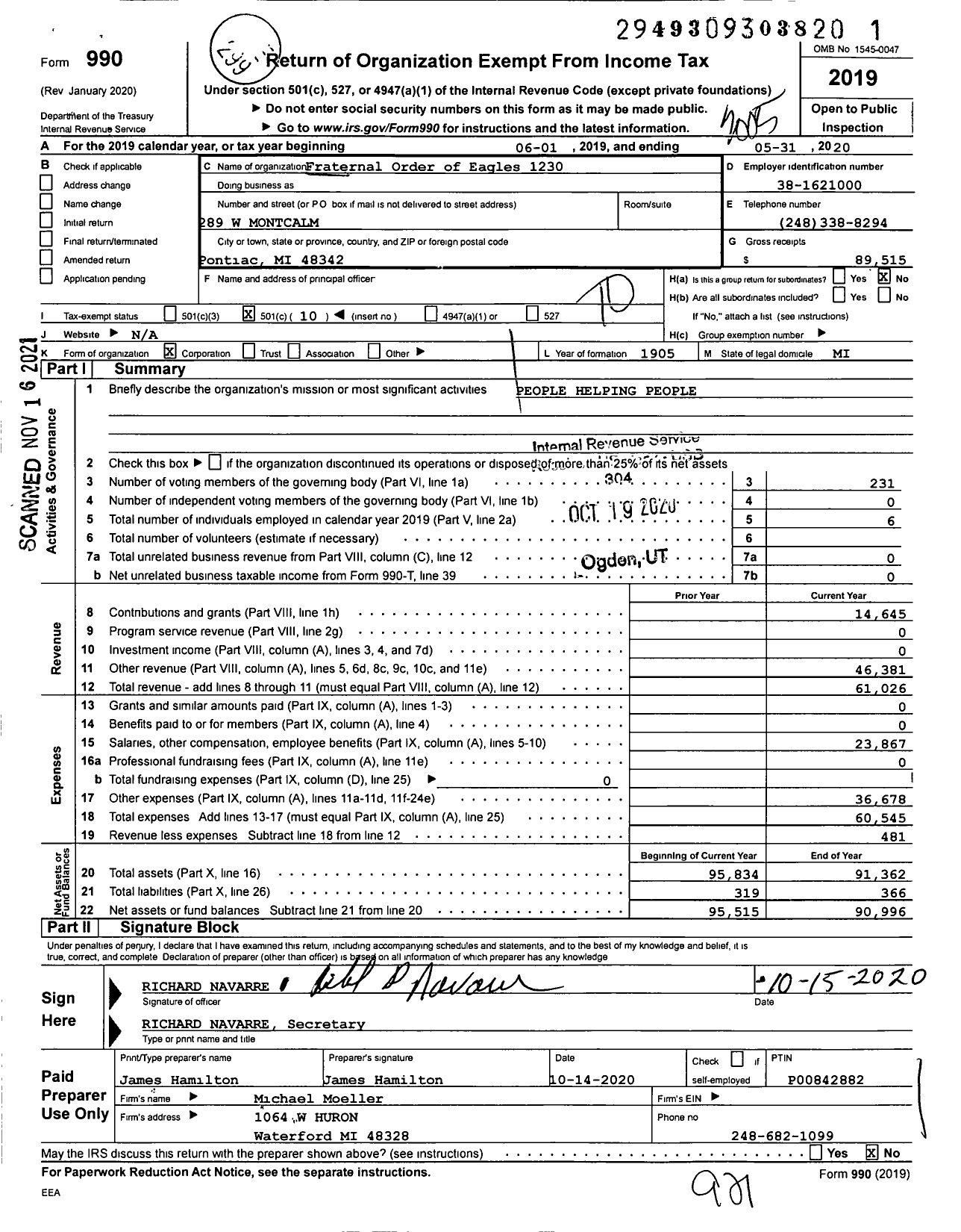 Image of first page of 2019 Form 990O for Fraternal Order of Eagles - Pontiac Aerie No 1230