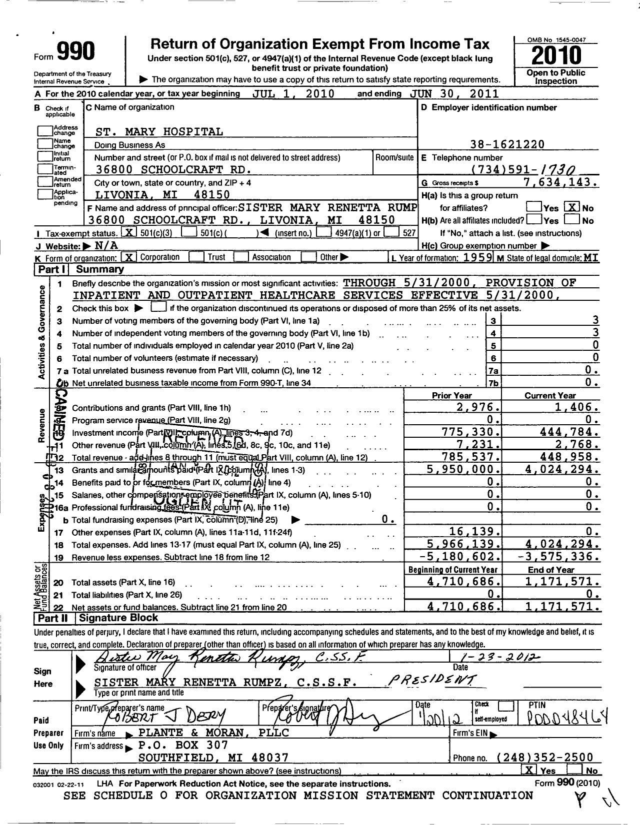 Image of first page of 2010 Form 990 for St Mary Hospital