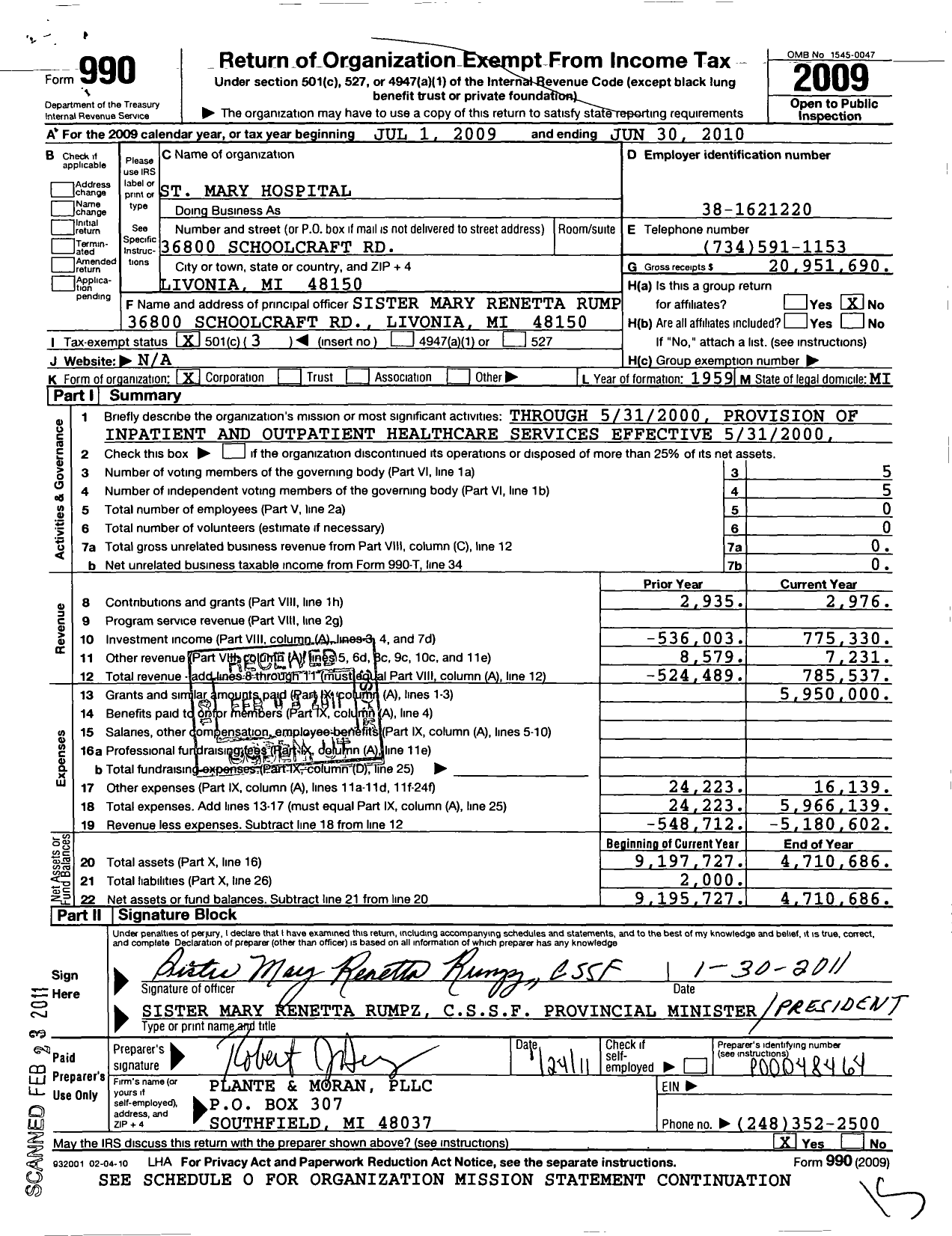 Image of first page of 2009 Form 990 for St Mary Hospital
