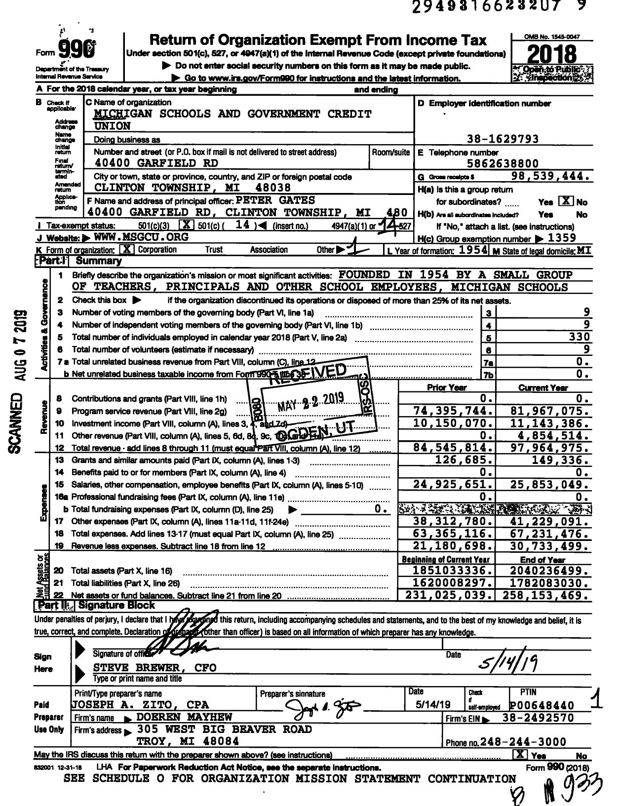 Image of first page of 2018 Form 990O for Credit Unions Chartered in the State of Michigan - 425 Michigan Schools and Govt Cred