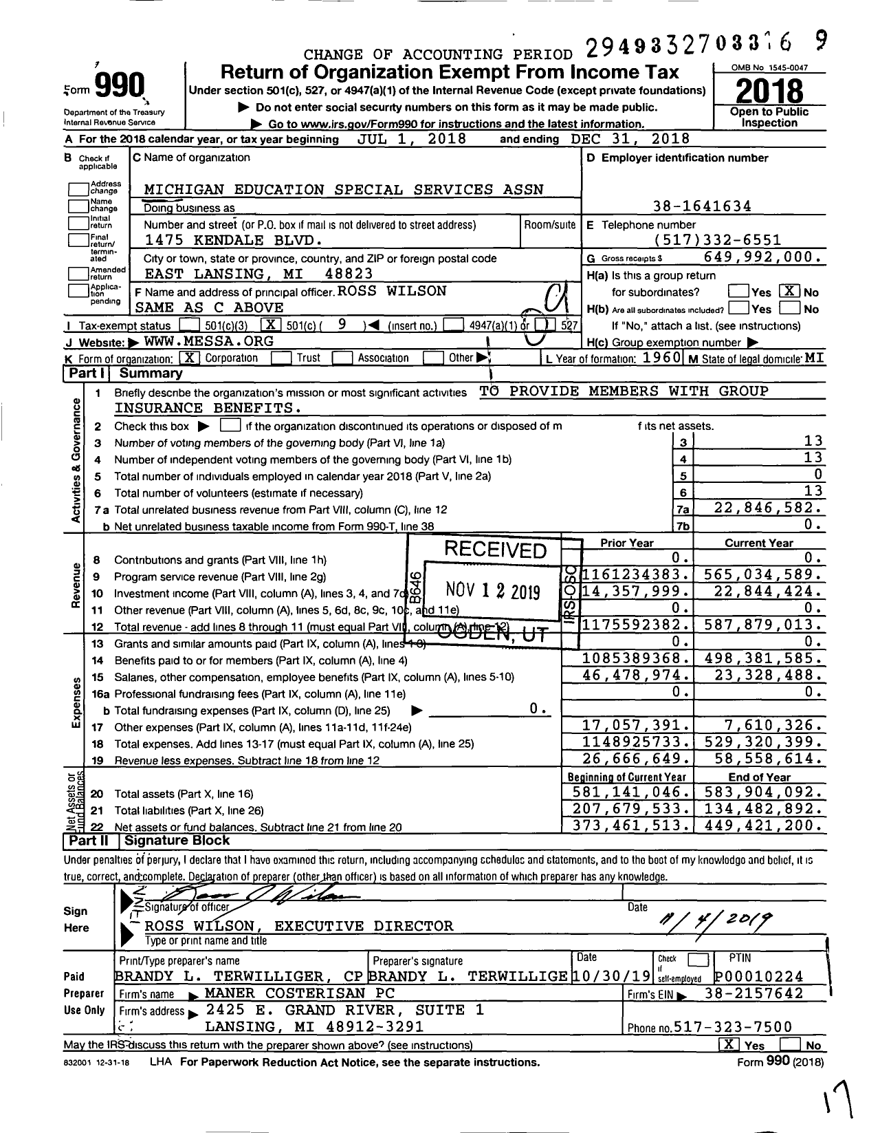 Image of first page of 2018 Form 990O for Michigan Education Special Services Association