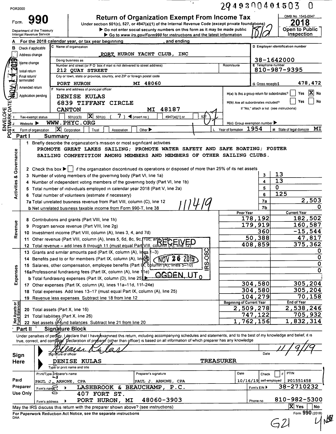 Image of first page of 2018 Form 990O for Port Huron Yacht Club