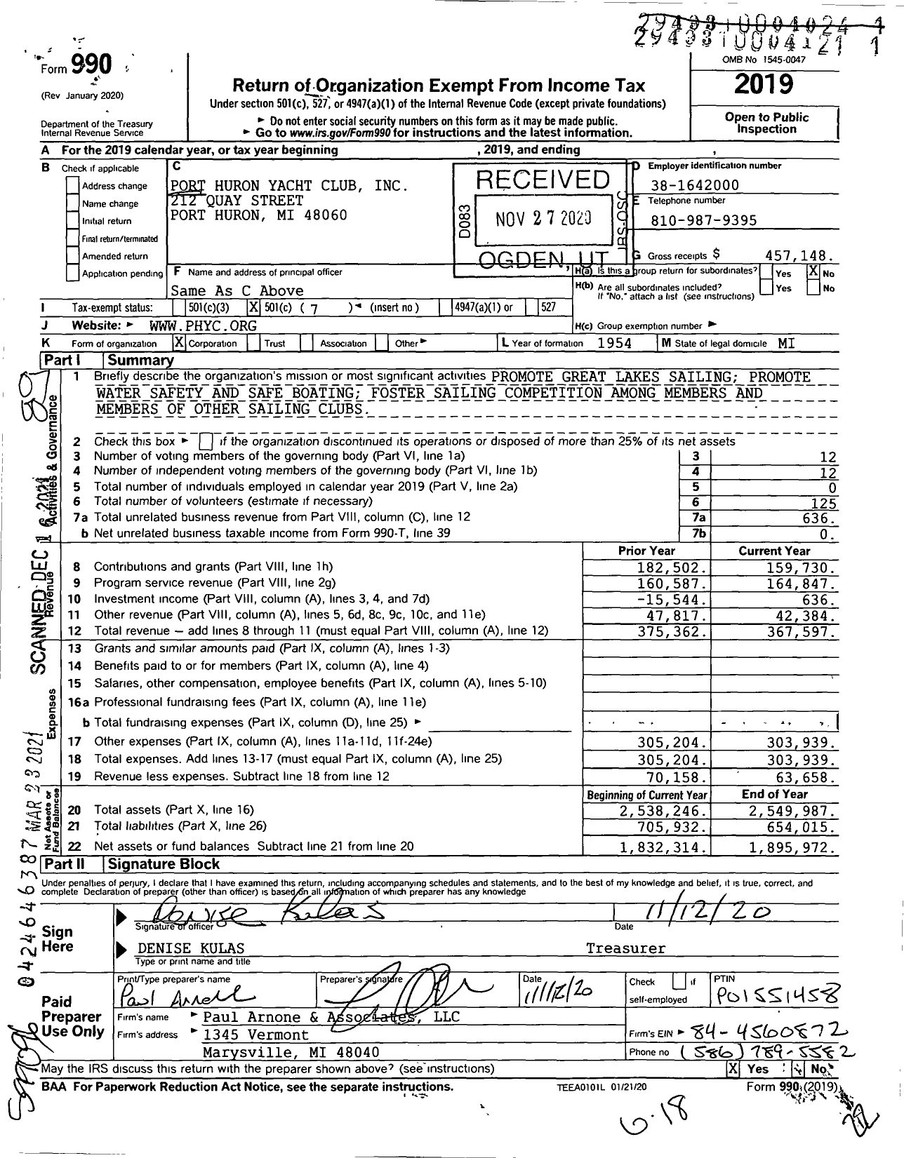 Image of first page of 2019 Form 990O for Port Huron Yacht Club