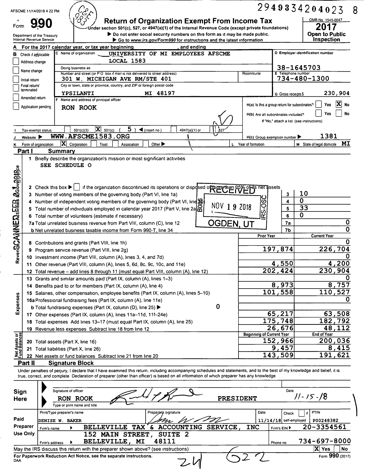 Image of first page of 2017 Form 990O for American Federation of State County & Municipal Employees - L1583mi Univ of Mich Ann Arbor Emp